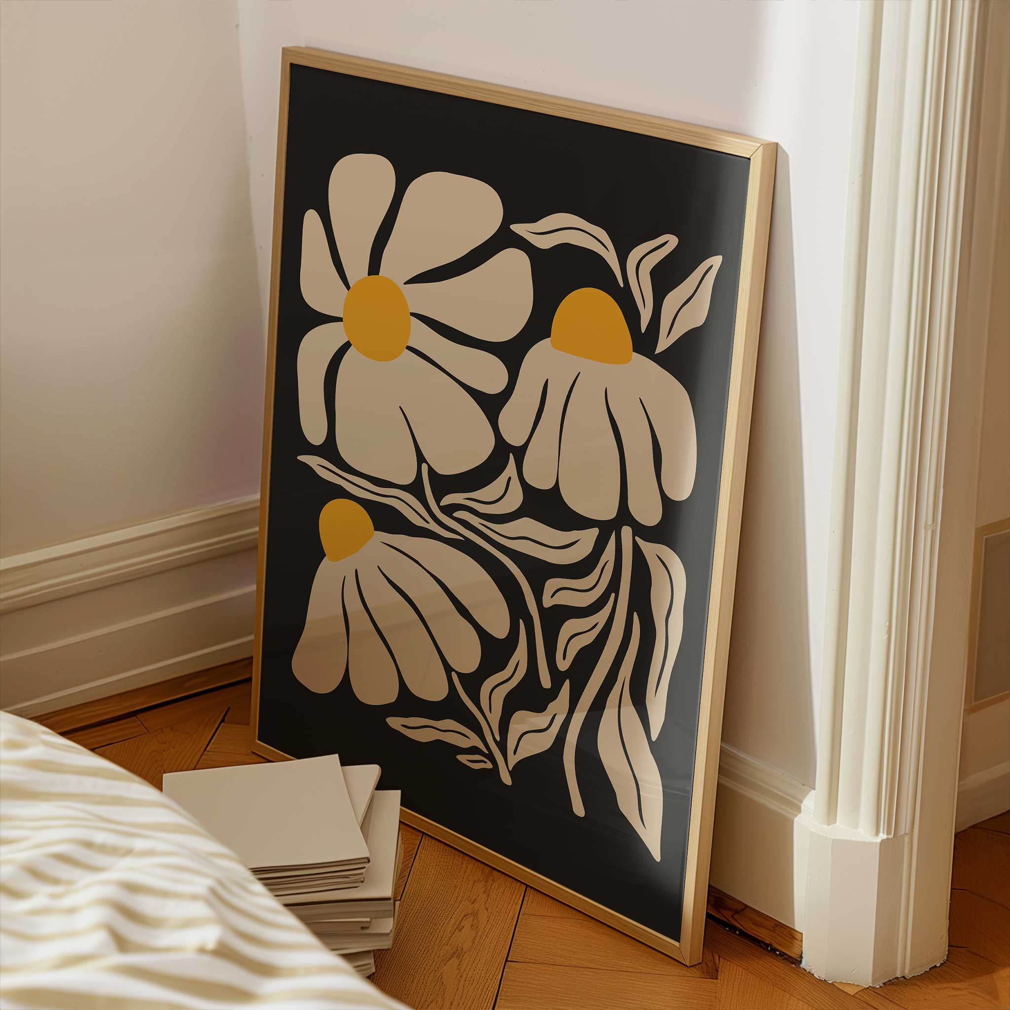 A minimal art print of a chamomile flower in cream and yellow with a vintage botanical feel.