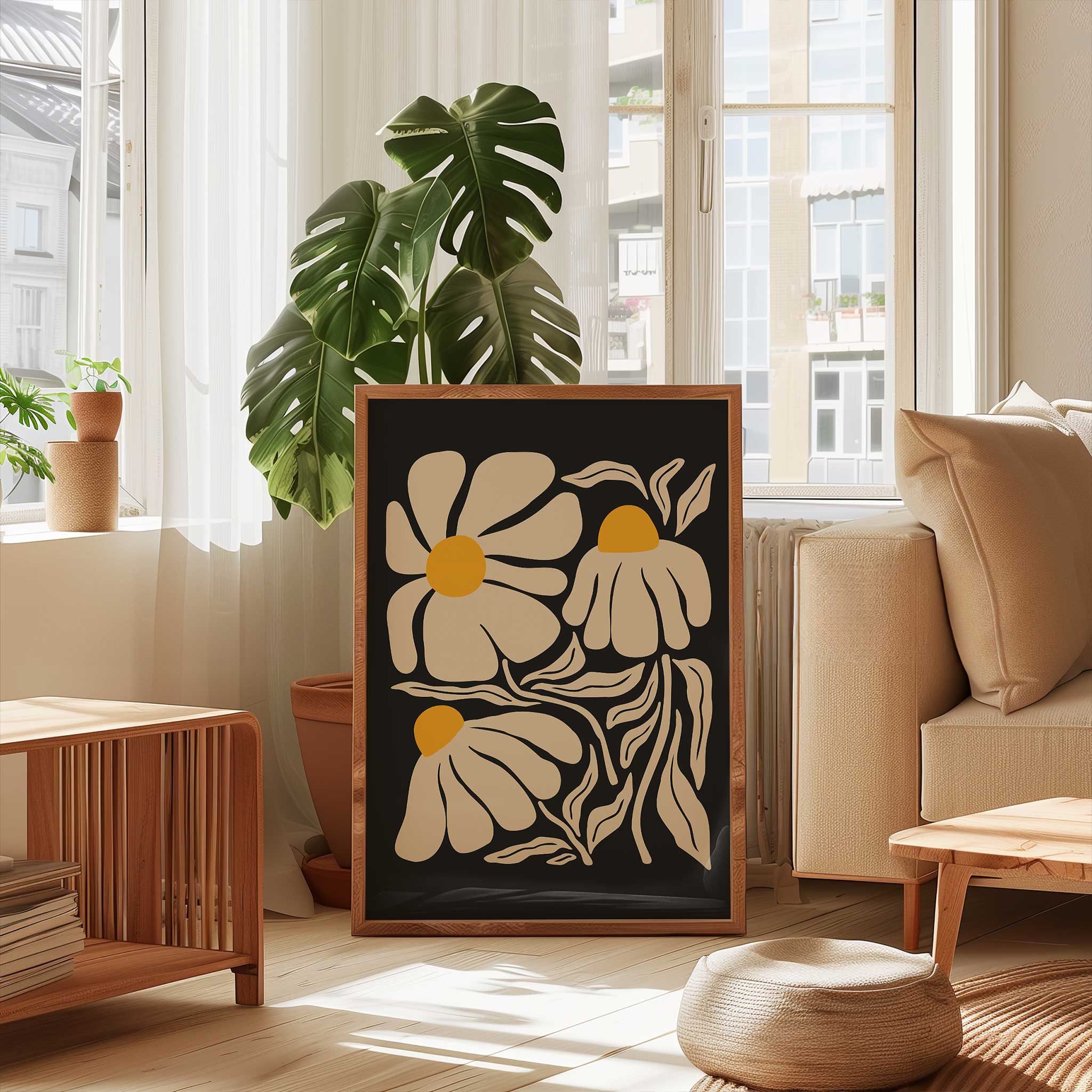 A minimal art print of a chamomile flower in cream and yellow with a vintage botanical feel.