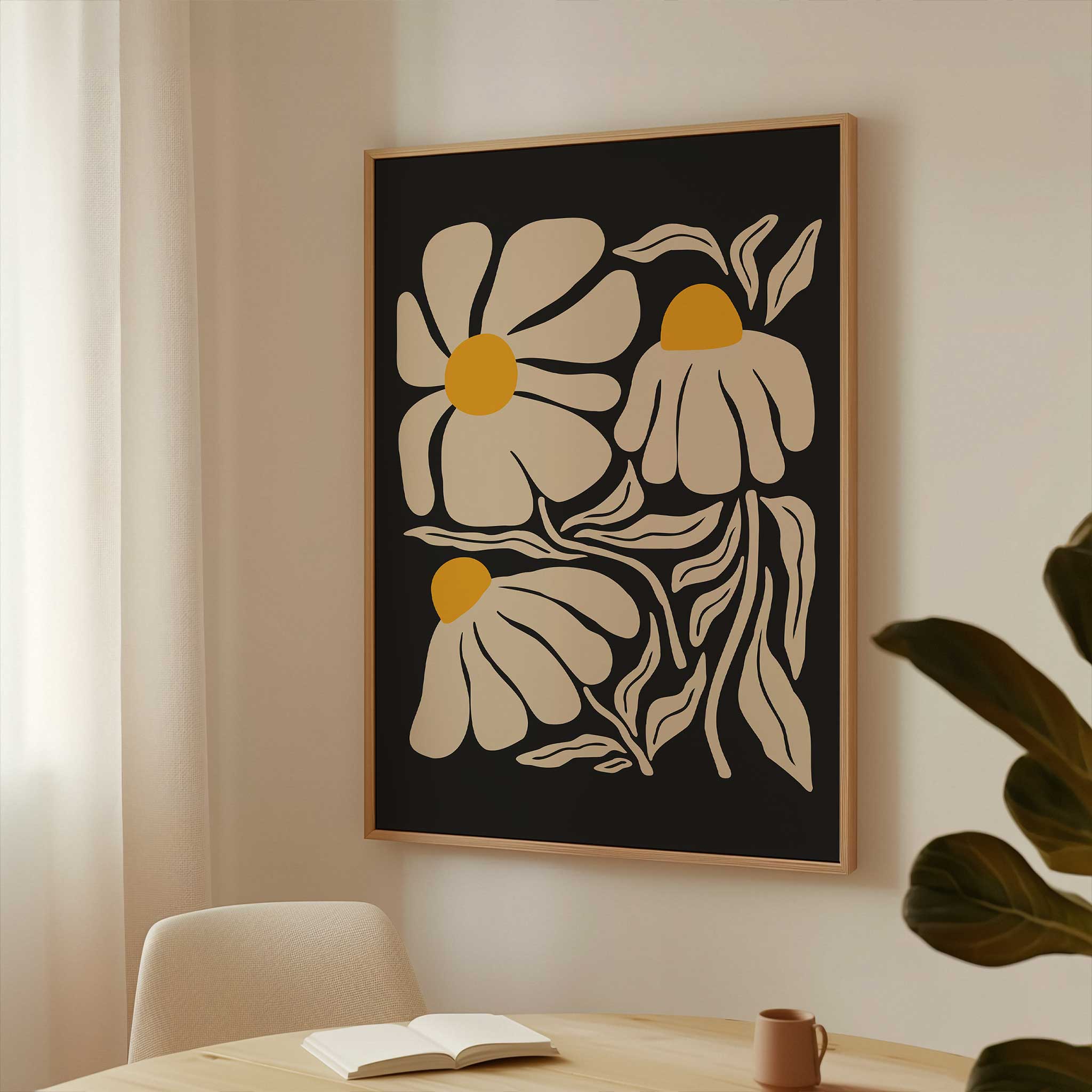 A minimal art print of a chamomile flower in cream and yellow with a vintage botanical feel.