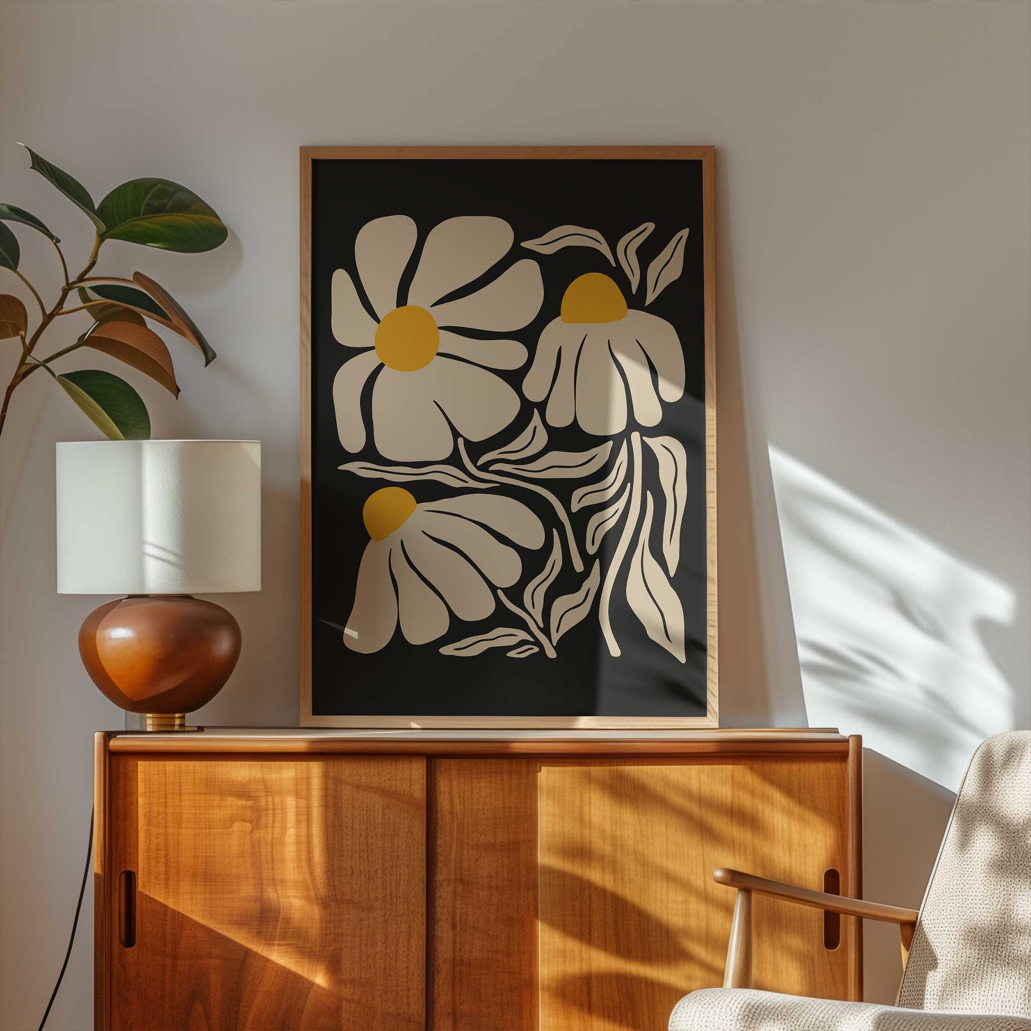 A minimal art print of a chamomile flower in cream and yellow with a vintage botanical feel.