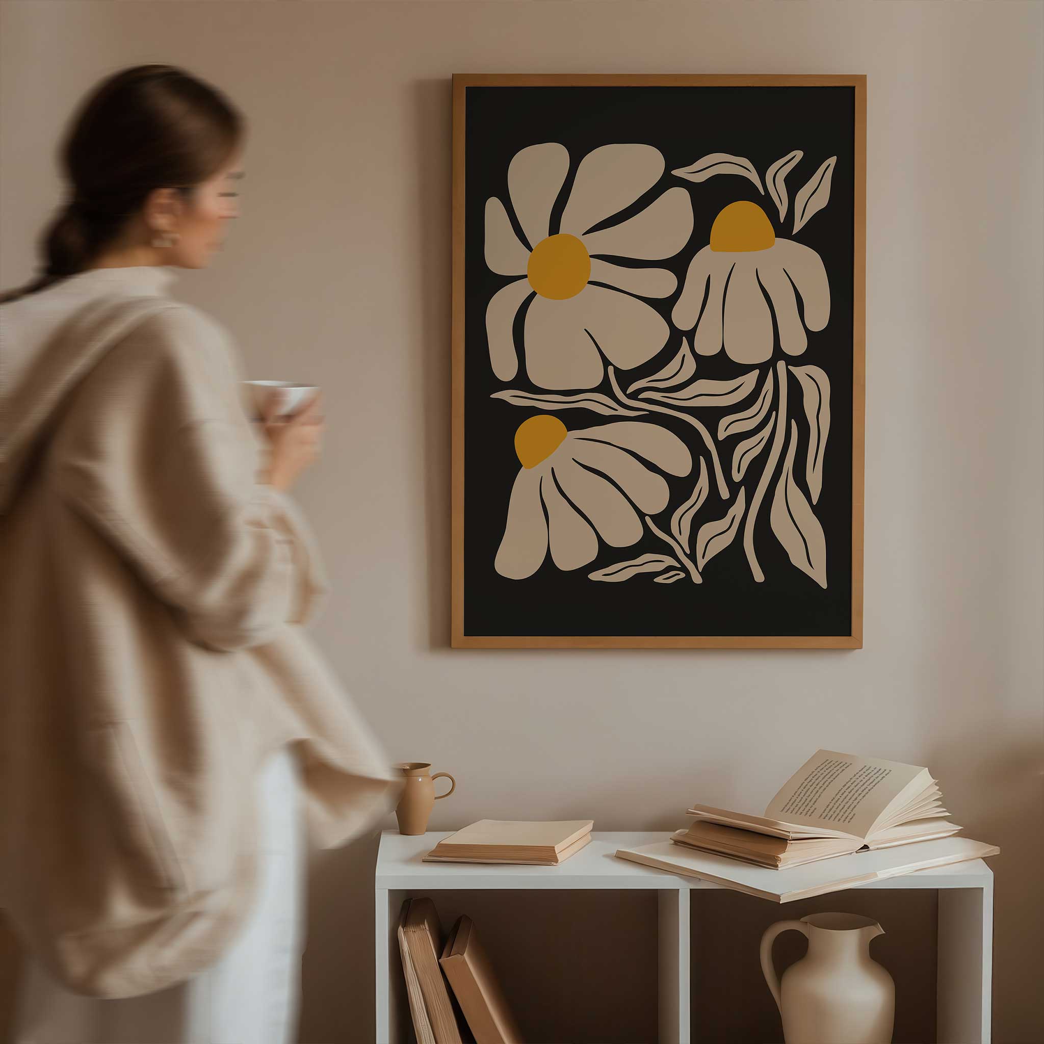 A minimal art print of a chamomile flower in cream and yellow with a vintage botanical feel.