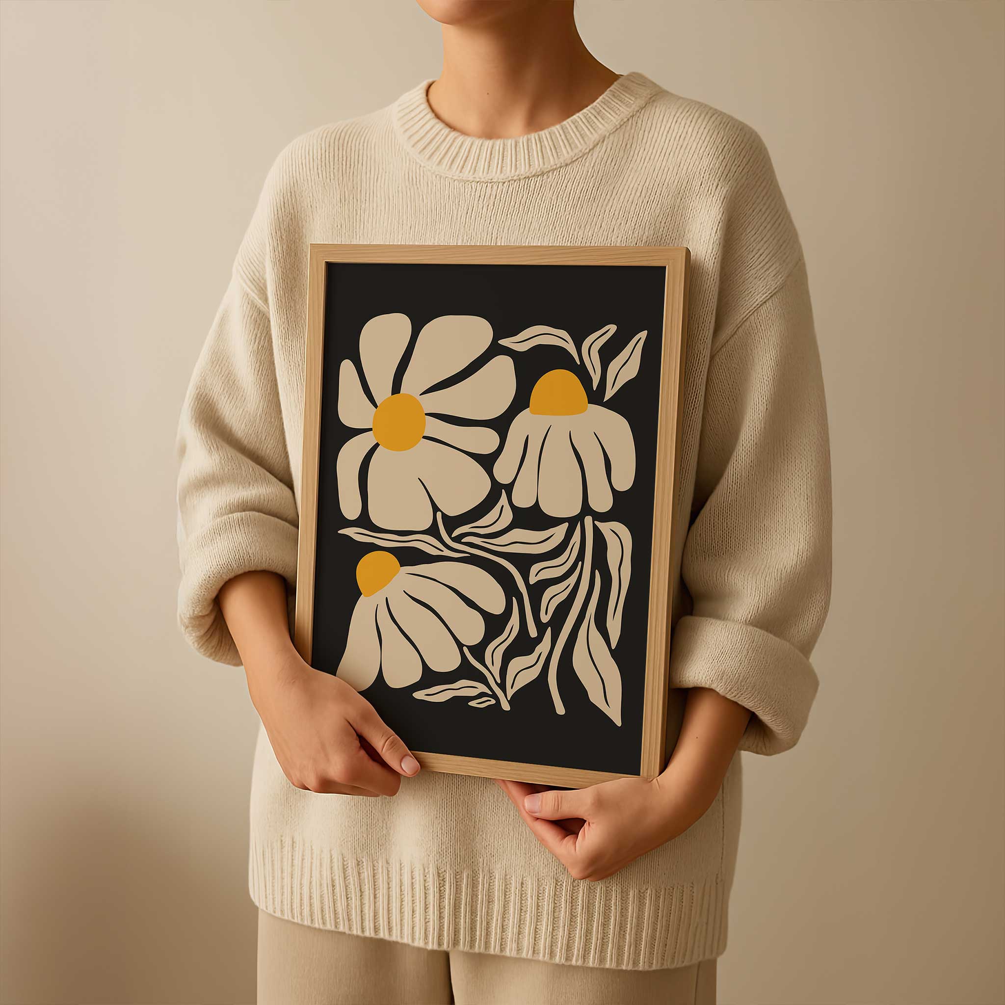 A minimal art print of a chamomile flower in cream and yellow with a vintage botanical feel.