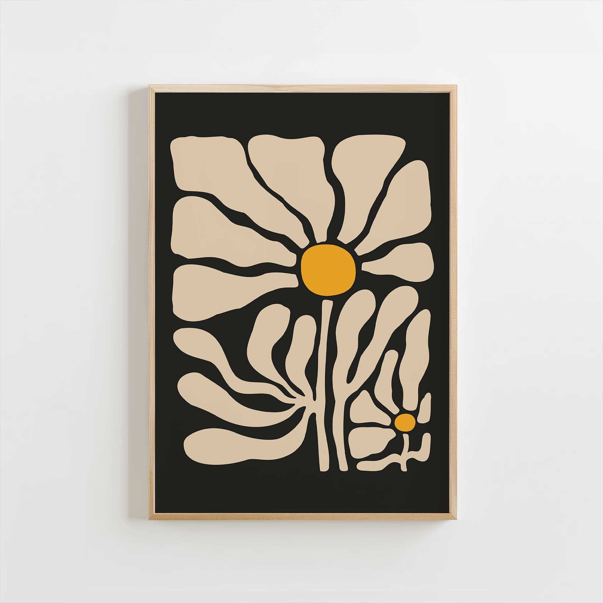 A striking, modern floral poster of a single chamomile bloom with fluid lines and bold contrast.