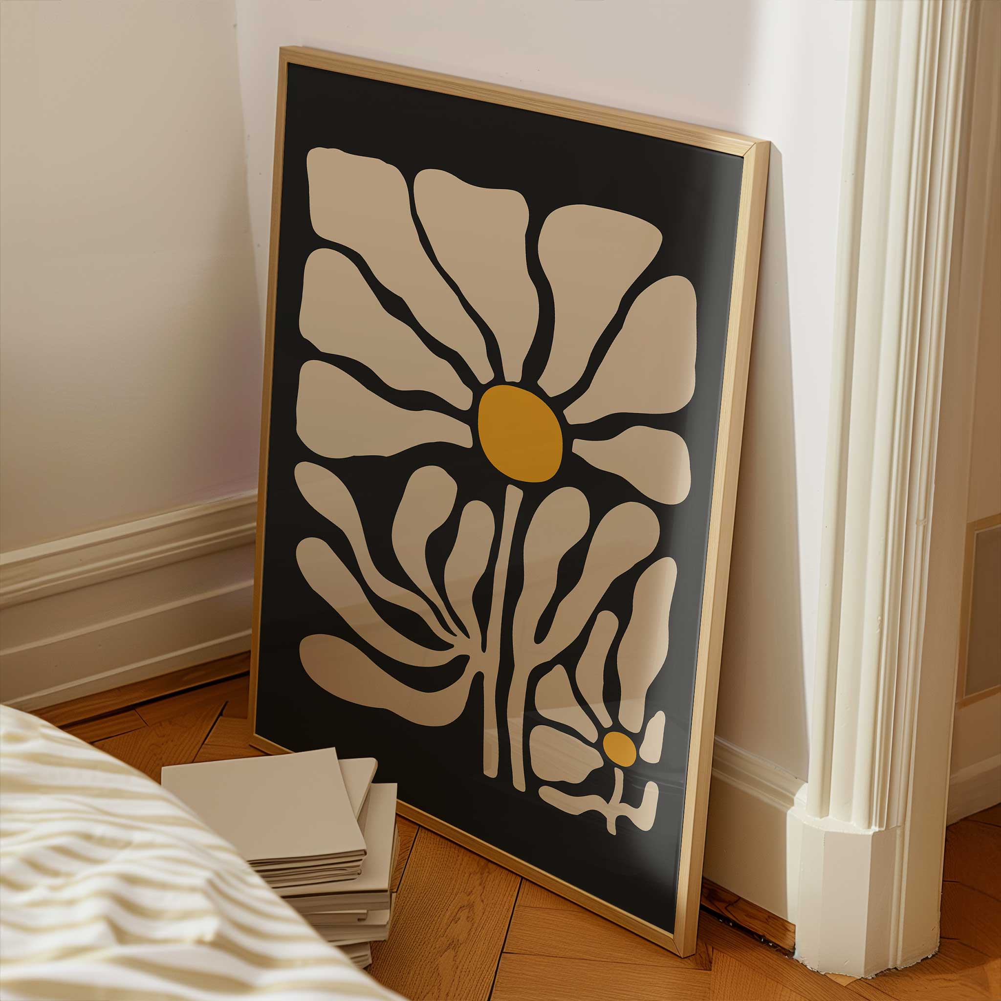 A striking, modern floral poster of a single chamomile bloom with fluid lines and bold contrast.