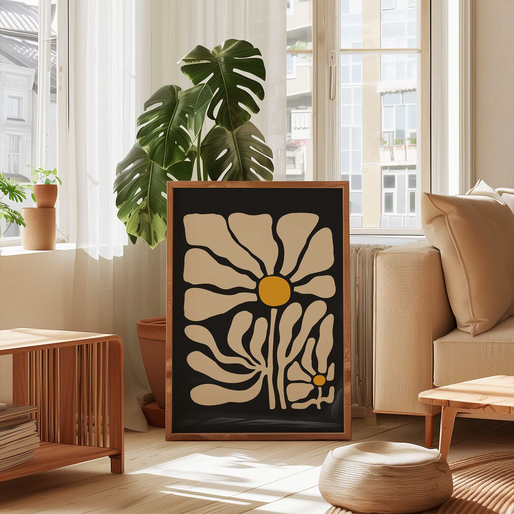A striking, modern floral poster of a single chamomile bloom with fluid lines and bold contrast.
