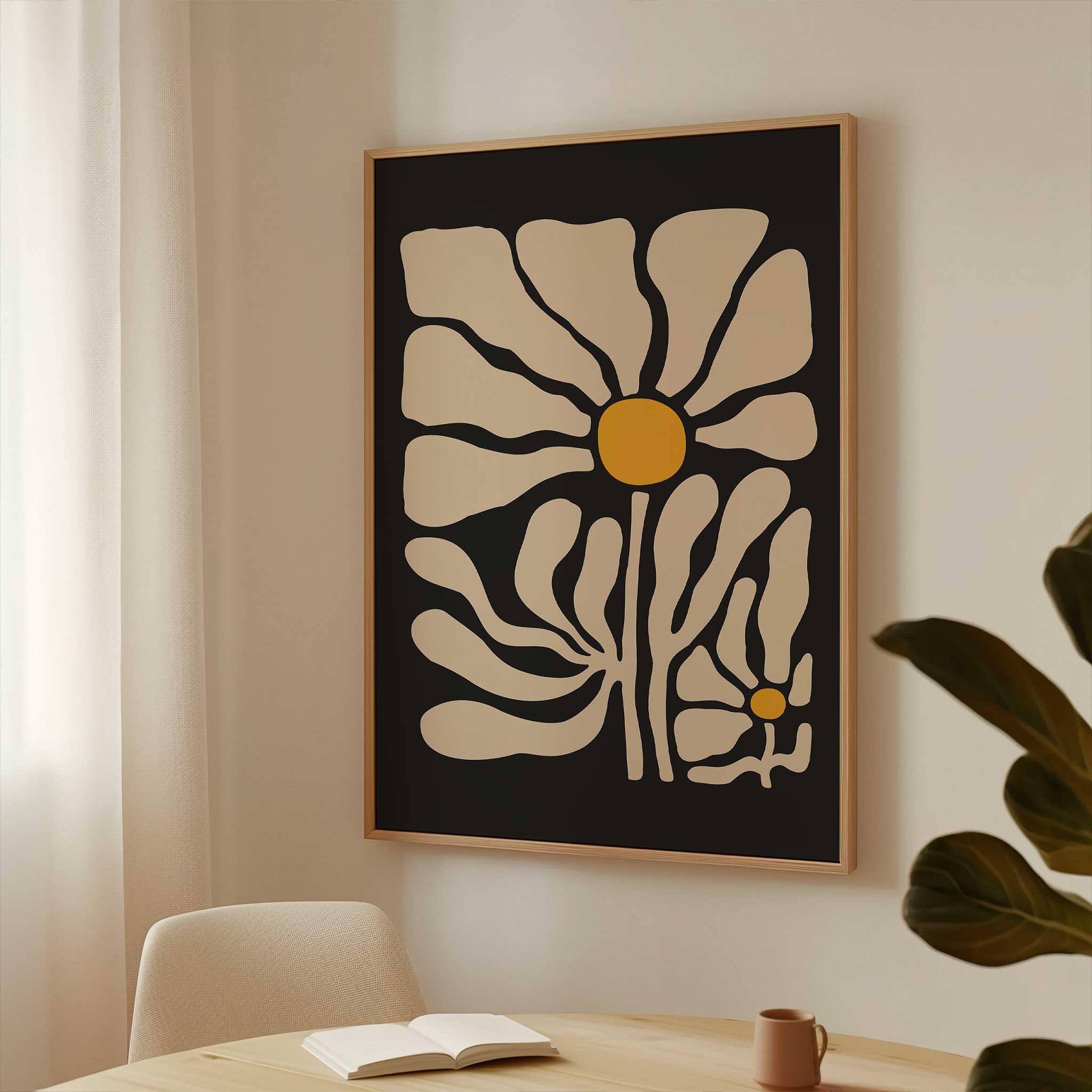 A striking, modern floral poster of a single chamomile bloom with fluid lines and bold contrast.