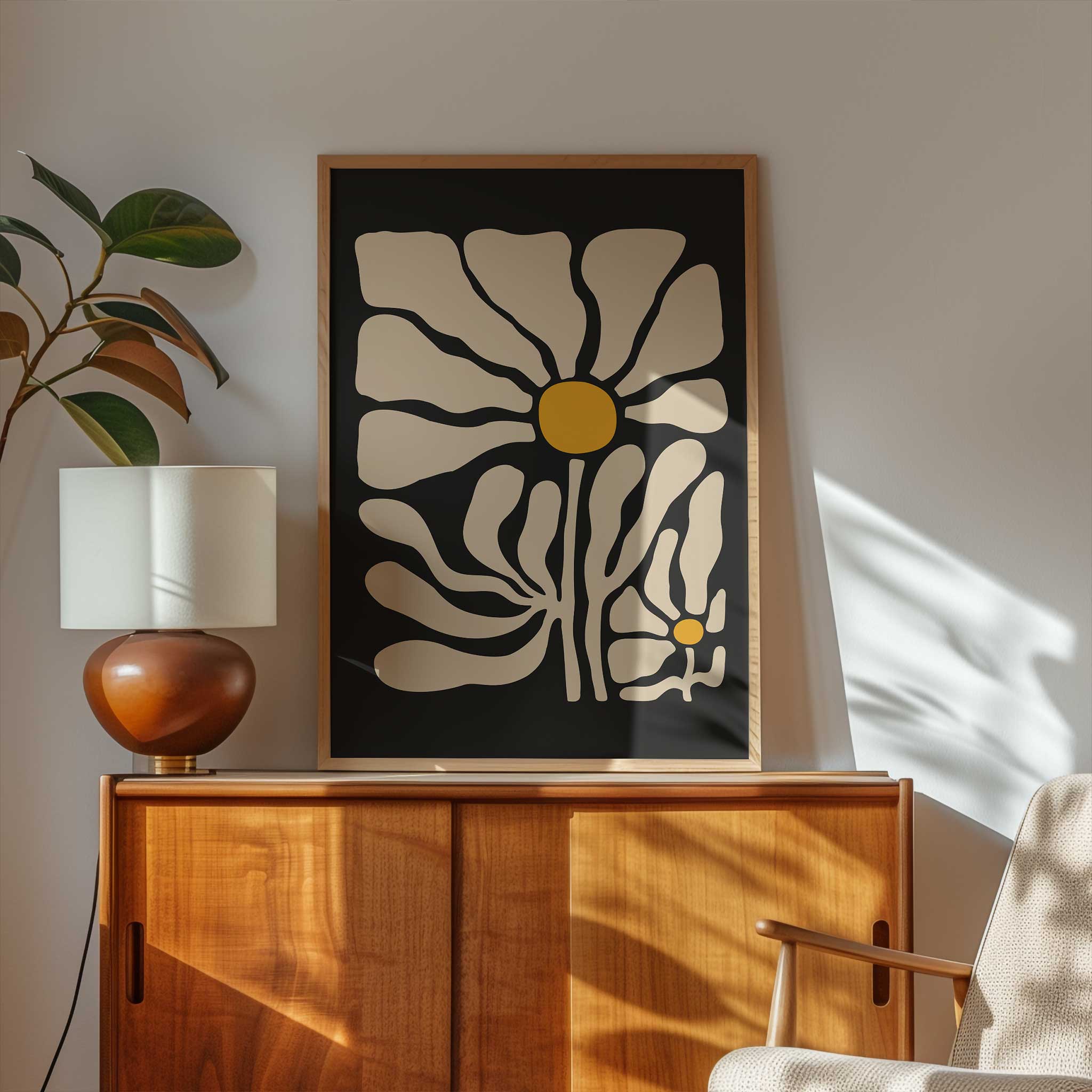 A striking, modern floral poster of a single chamomile bloom with fluid lines and bold contrast.