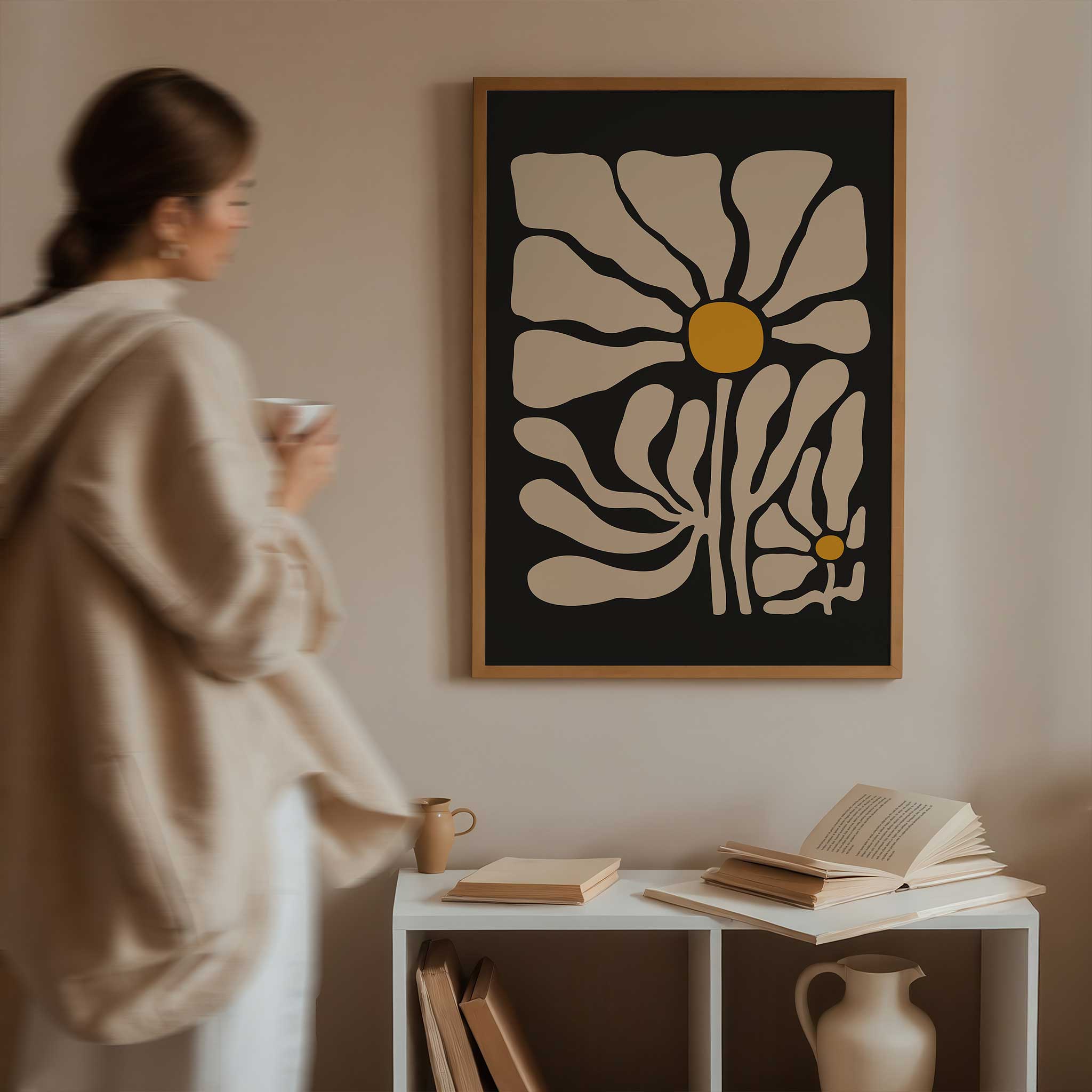 A striking, modern floral poster of a single chamomile bloom with fluid lines and bold contrast.