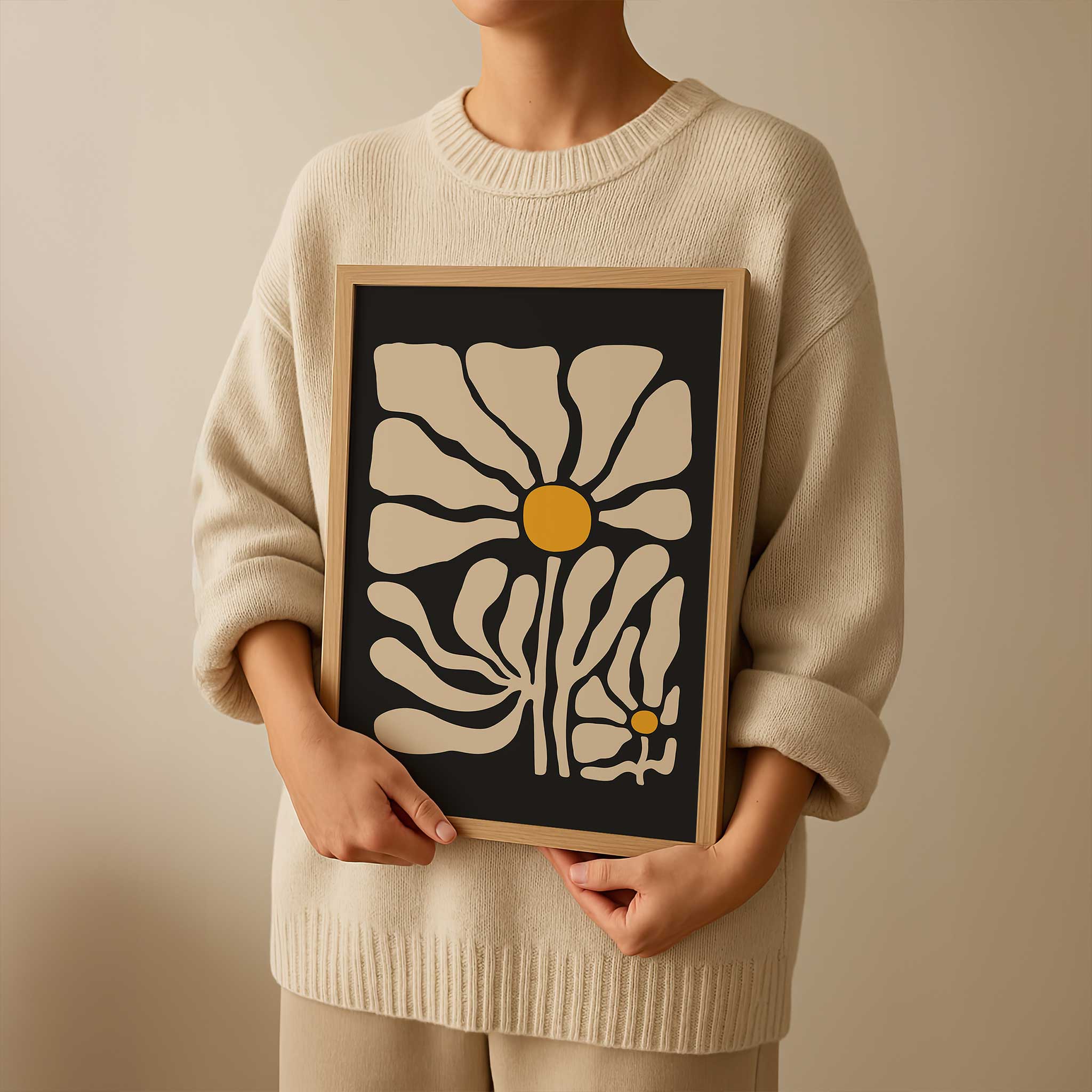 A striking, modern floral poster of a single chamomile bloom with fluid lines and bold contrast.