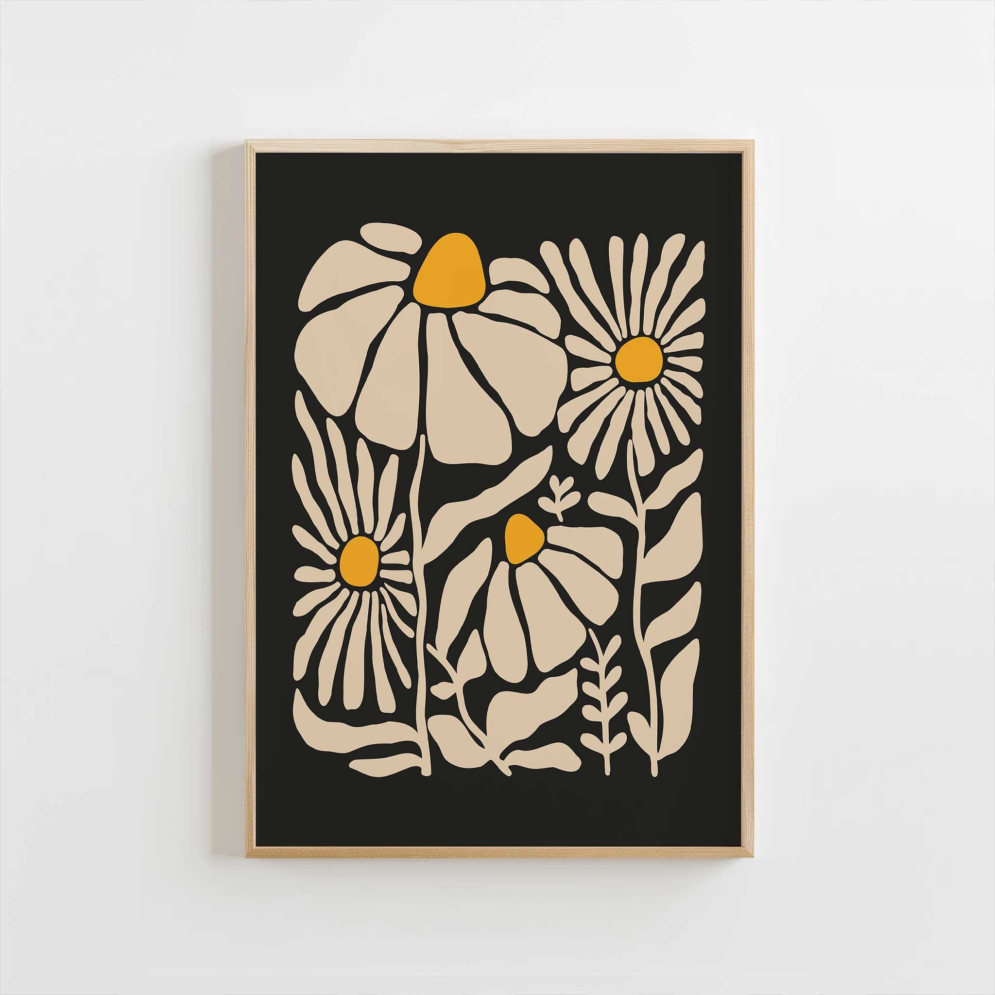A vibrant, contemporary art print of chamomile-inspired flowers in cream and yellow.