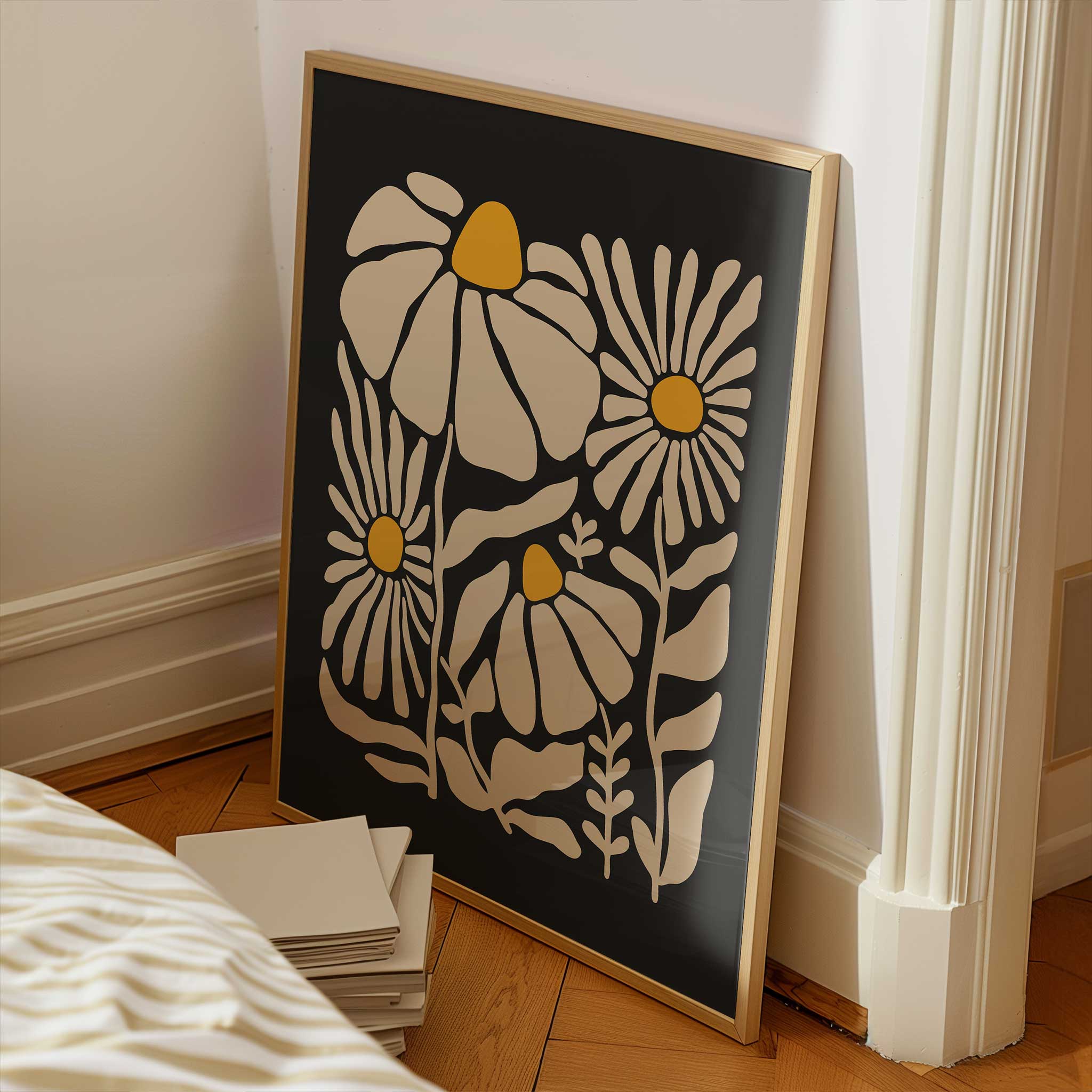 A vibrant, contemporary art print of chamomile-inspired flowers in cream and yellow.