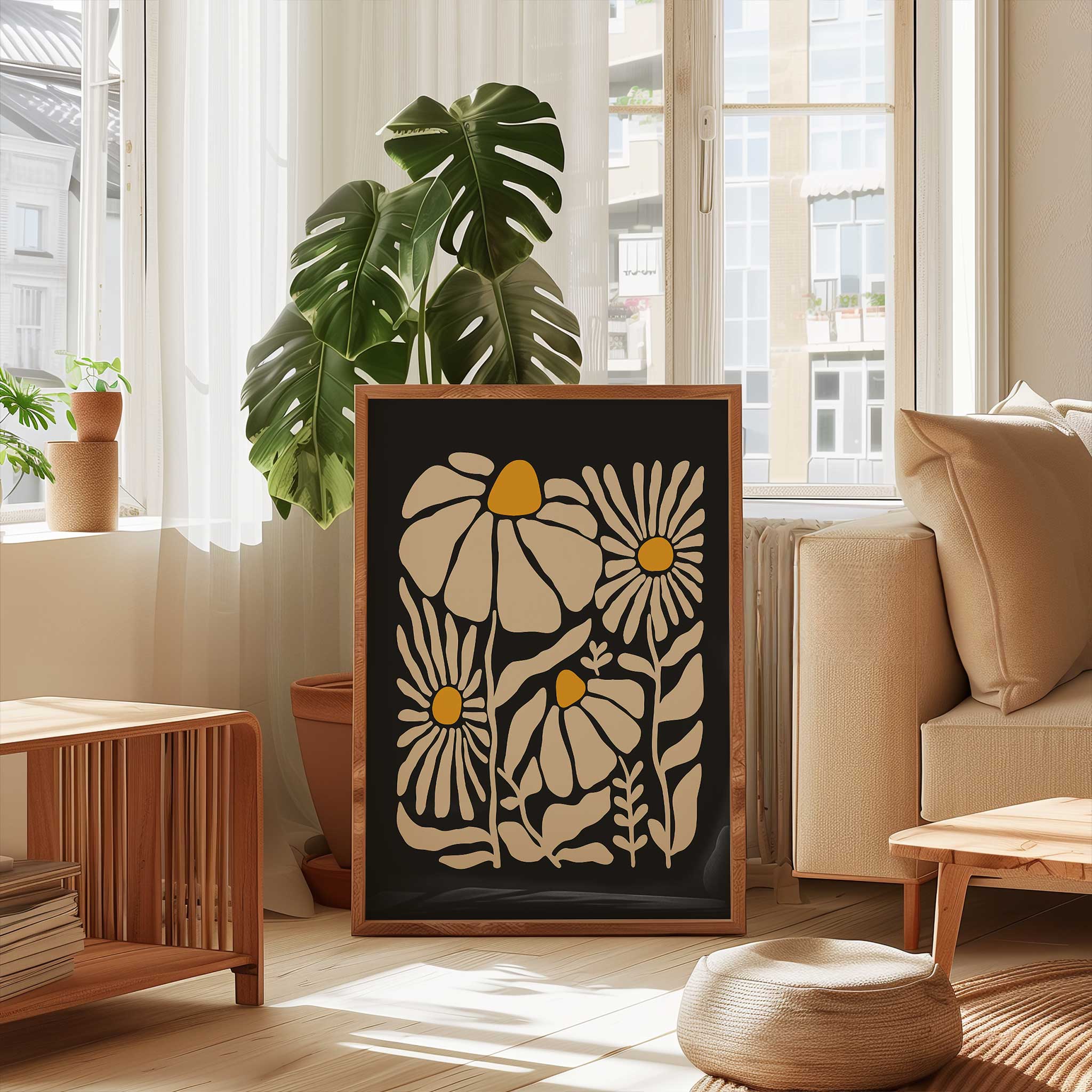 A vibrant, contemporary art print of chamomile-inspired flowers in cream and yellow.