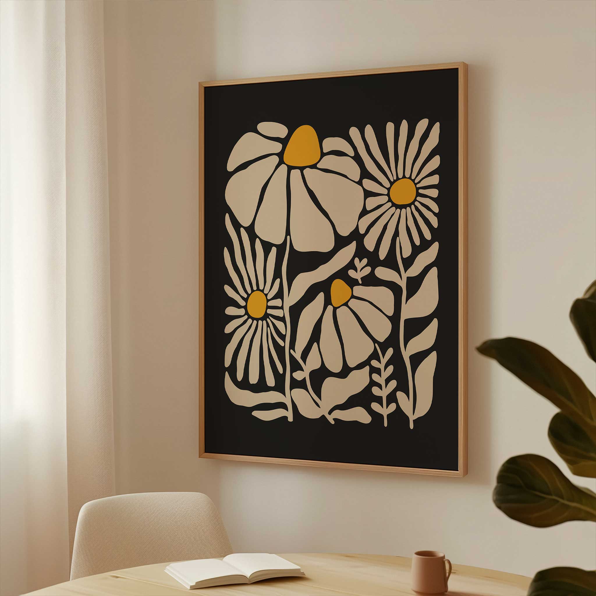 A vibrant, contemporary art print of chamomile-inspired flowers in cream and yellow.