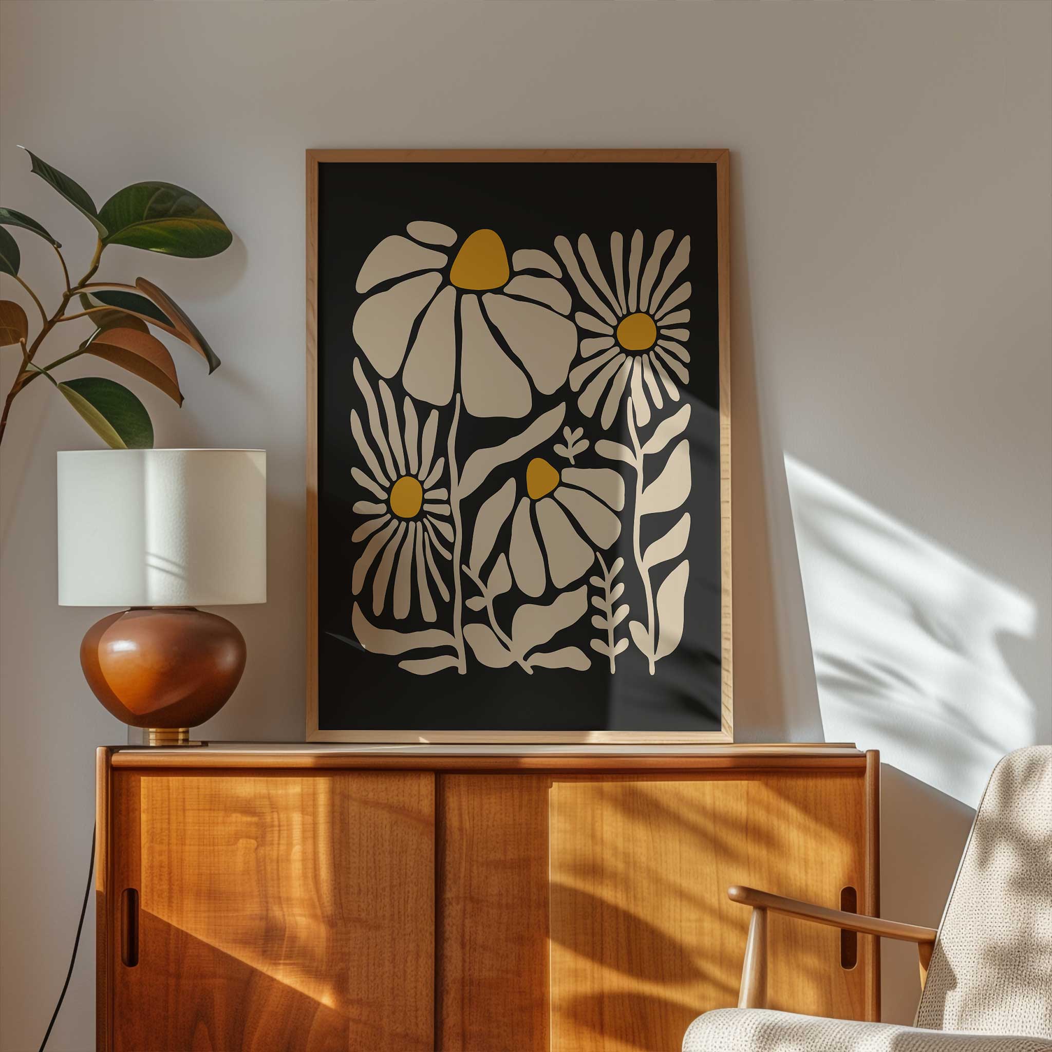 A vibrant, contemporary art print of chamomile-inspired flowers in cream and yellow.