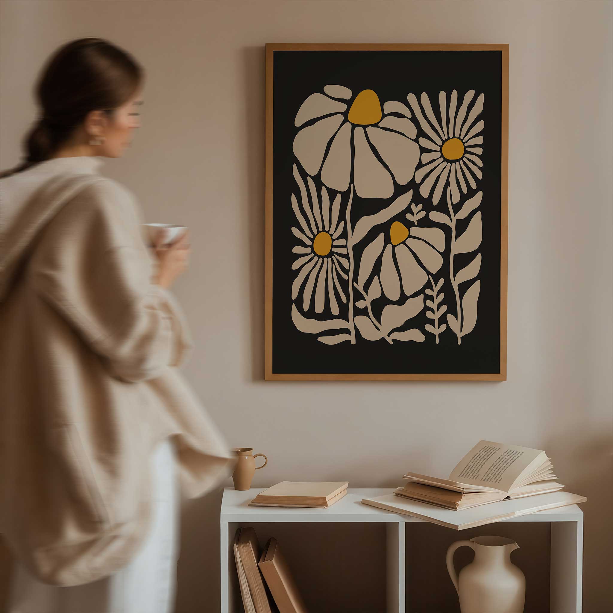 A vibrant, contemporary art print of chamomile-inspired flowers in cream and yellow.