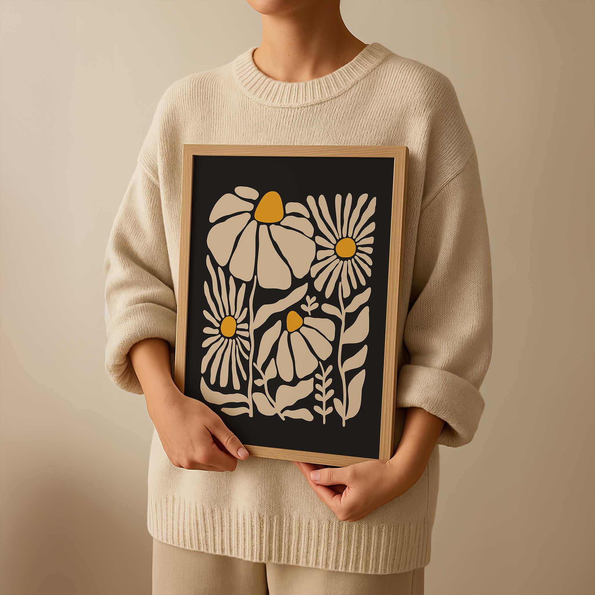 A vibrant, contemporary art print of chamomile-inspired flowers in cream and yellow.