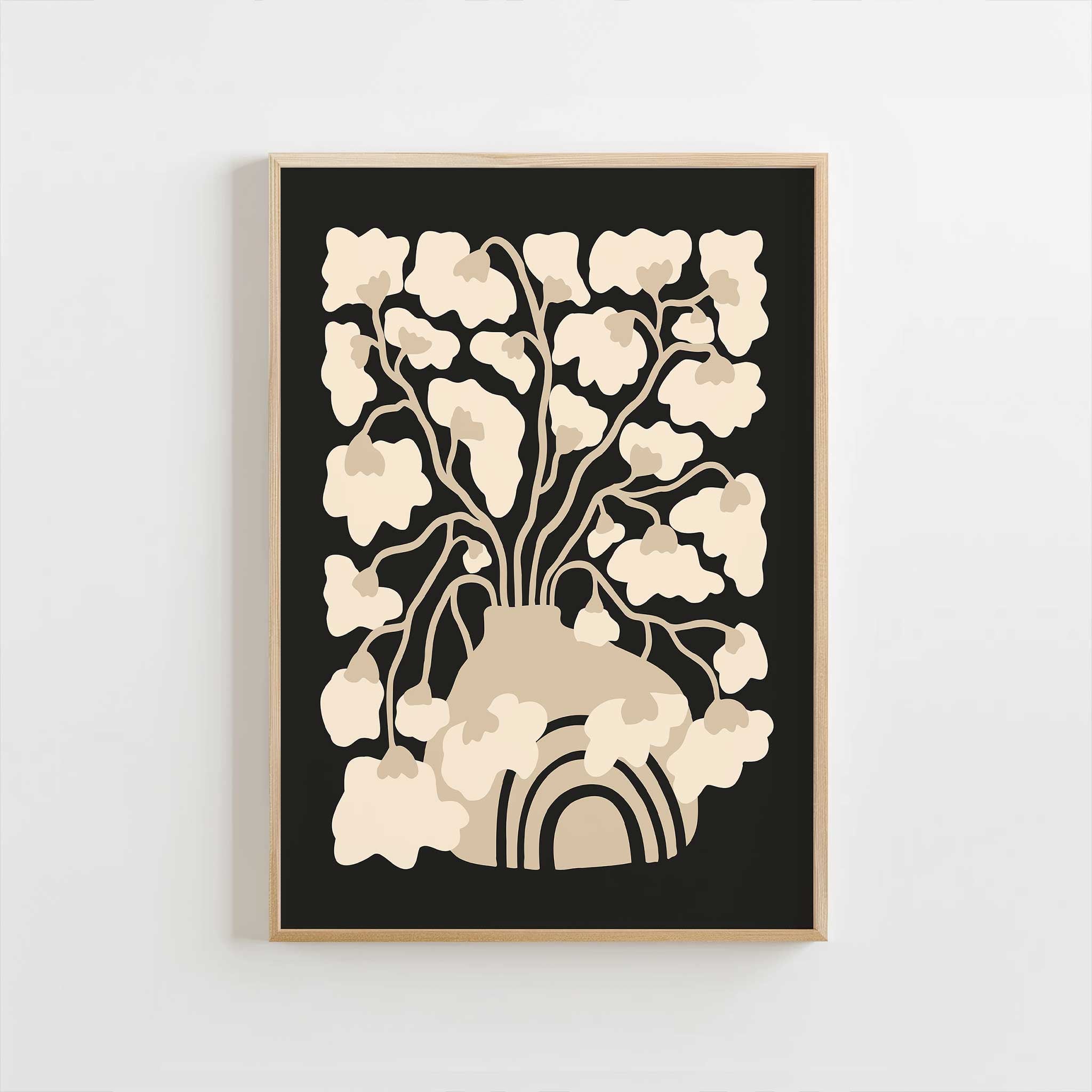 A minimalist art print of an abstract floral arrangement in a vase, in soft, neutral, earthy tones.
