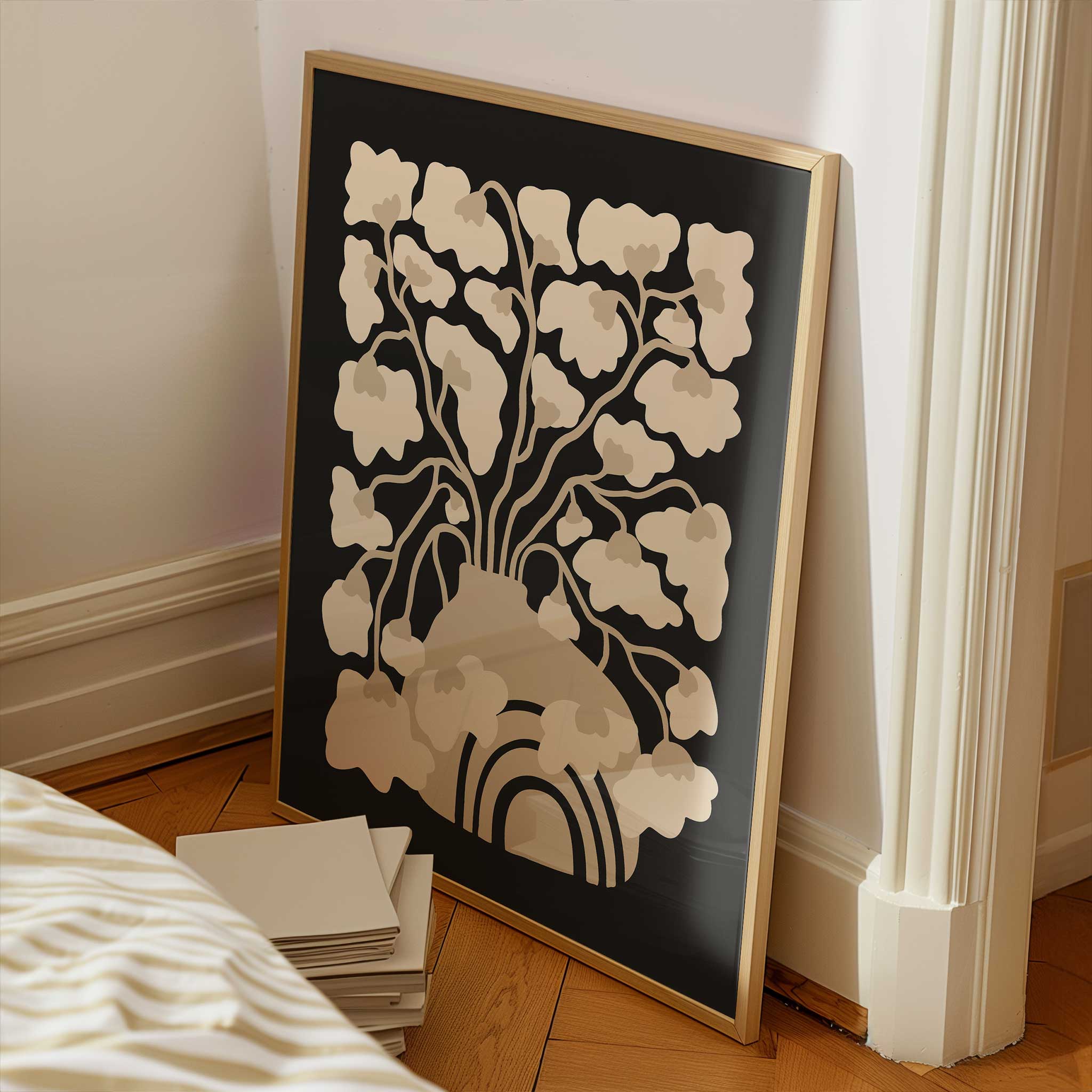 A minimalist art print of an abstract floral arrangement in a vase, in soft, neutral, earthy tones.