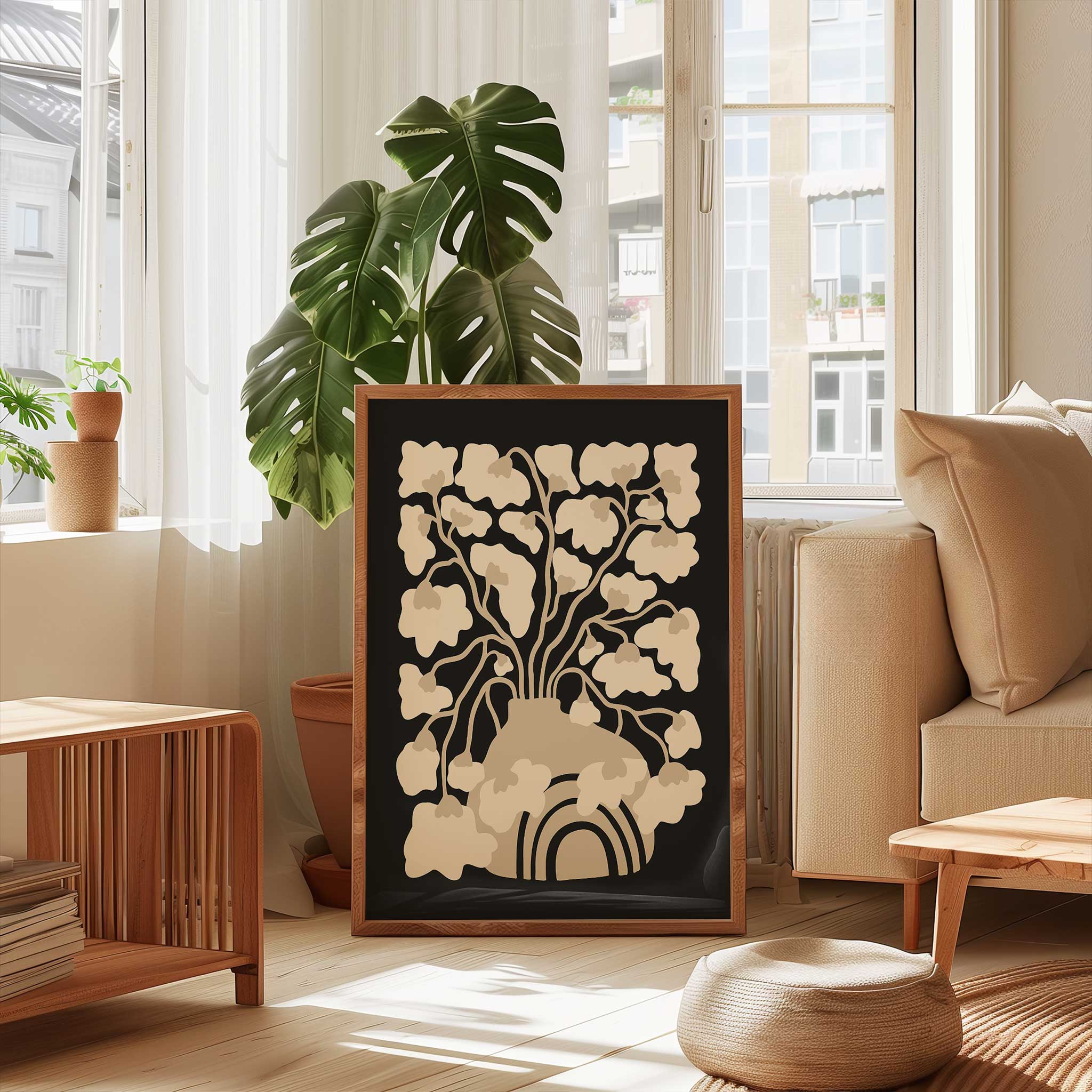 A minimalist art print of an abstract floral arrangement in a vase, in soft, neutral, earthy tones.