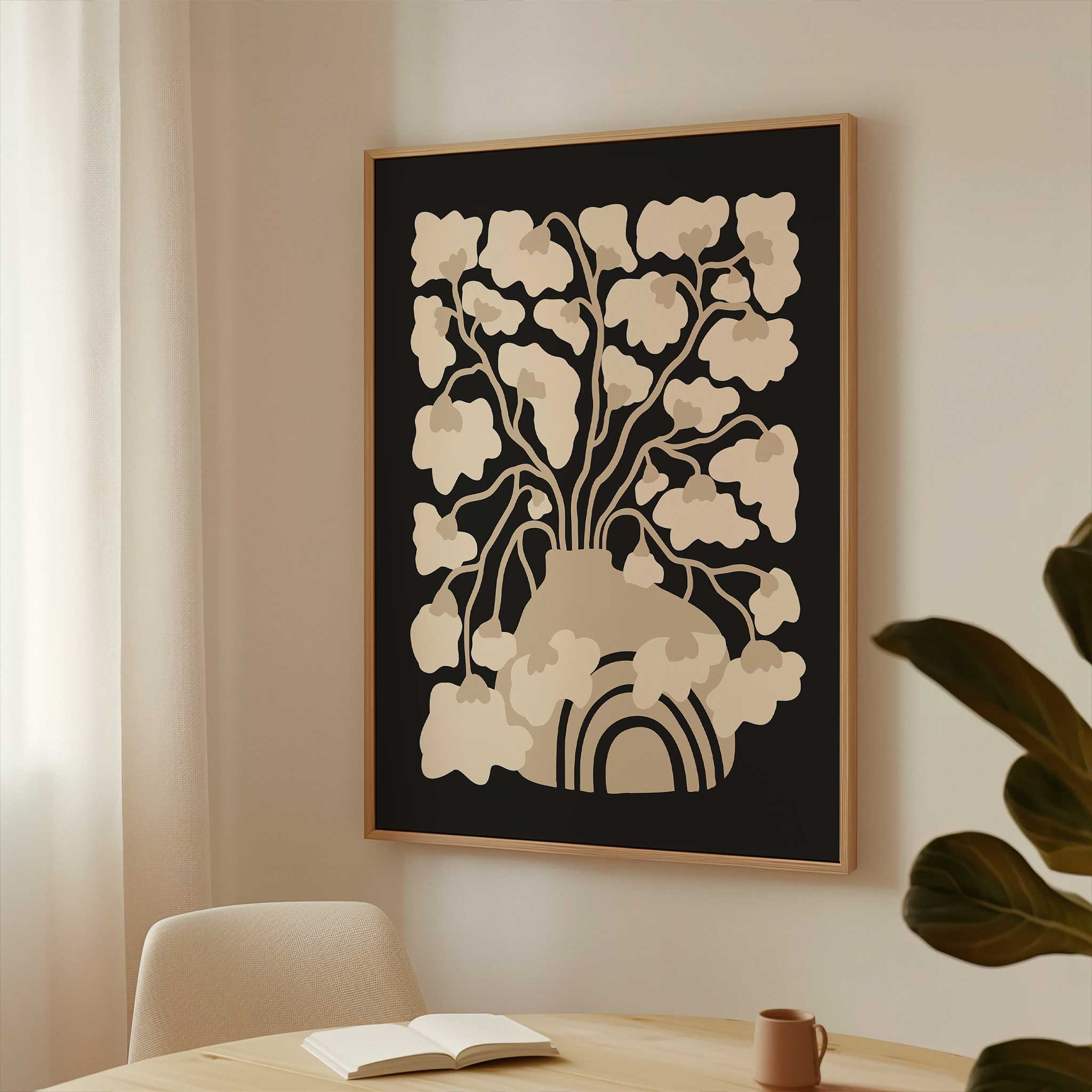 A minimalist art print of an abstract floral arrangement in a vase, in soft, neutral, earthy tones.