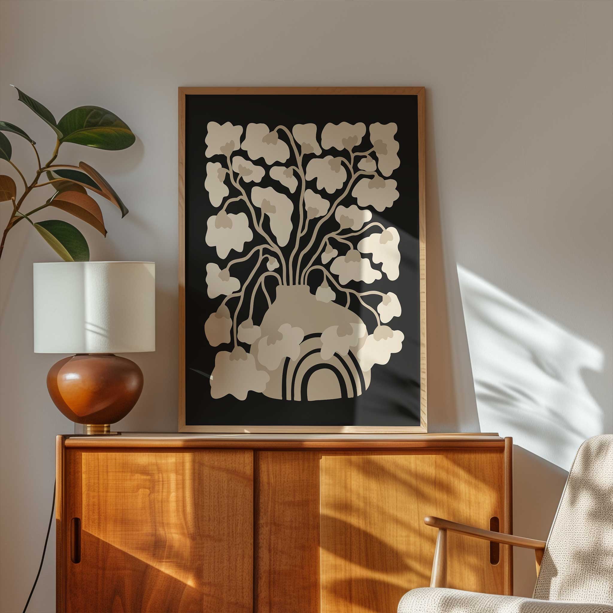 A minimalist art print of an abstract floral arrangement in a vase, in soft, neutral, earthy tones.