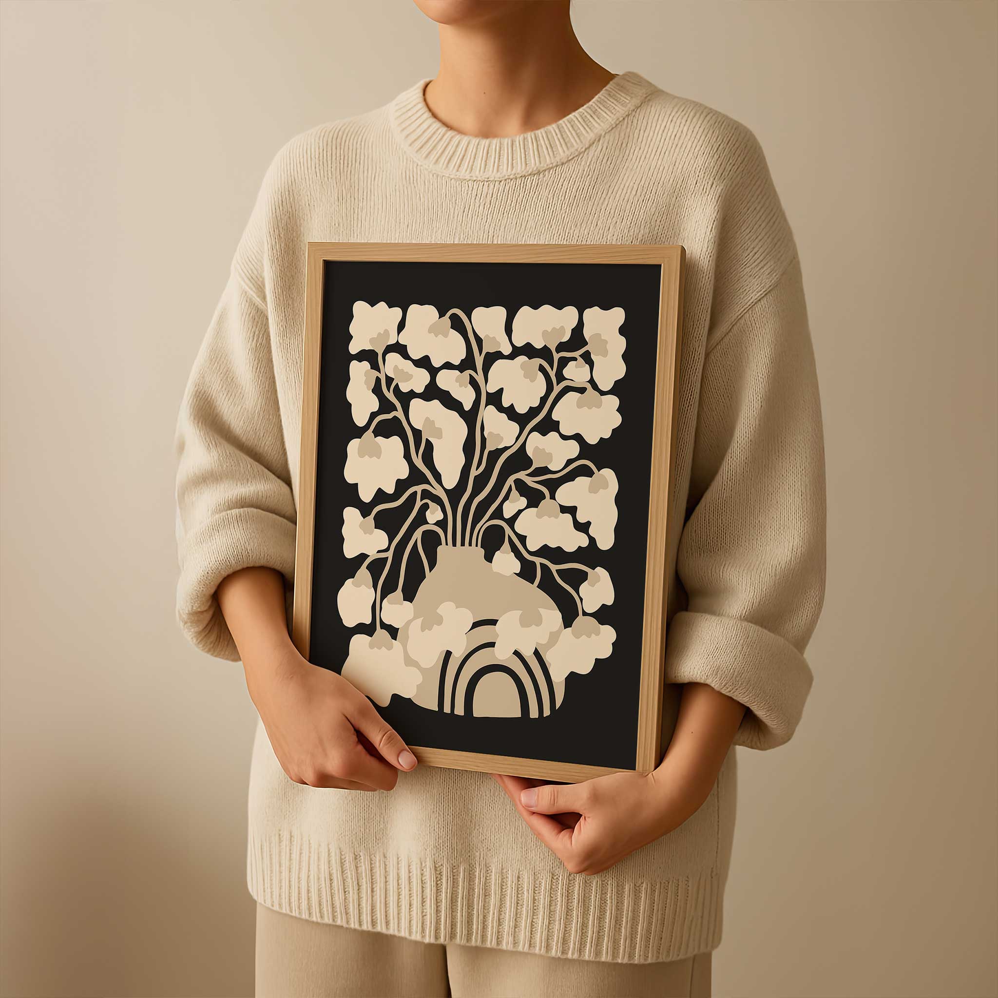 A minimalist art print of an abstract floral arrangement in a vase, in soft, neutral, earthy tones.