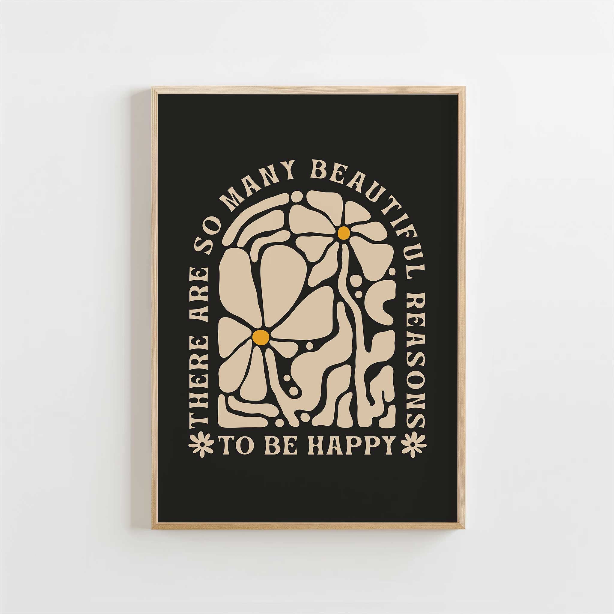 A retro-style quote print with florals that reads 'There are so many beautiful reasons to be happy'.