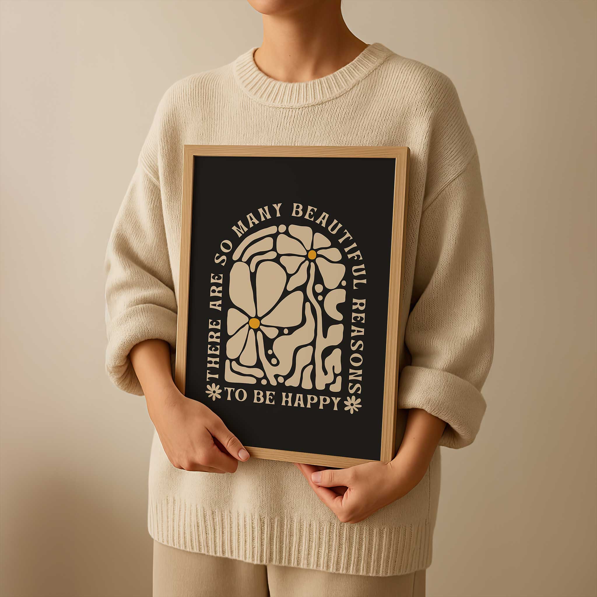 A retro-style quote print with florals that reads 'There are so many beautiful reasons to be happy'.