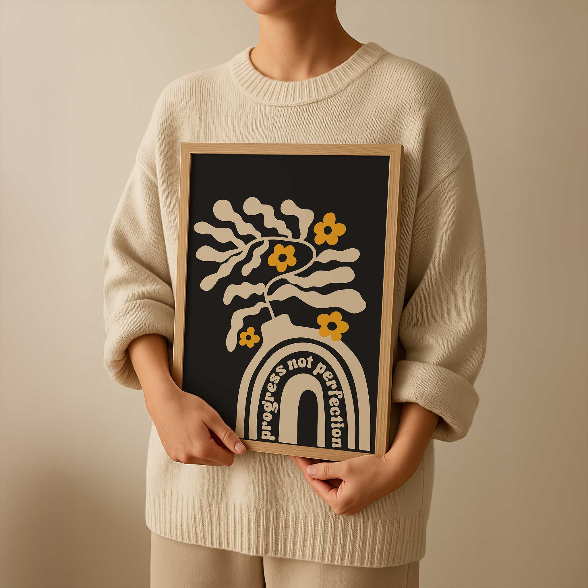 A motivational print blending playful floral shapes and a retro vase with the quote 'Progress Not Perfection'.