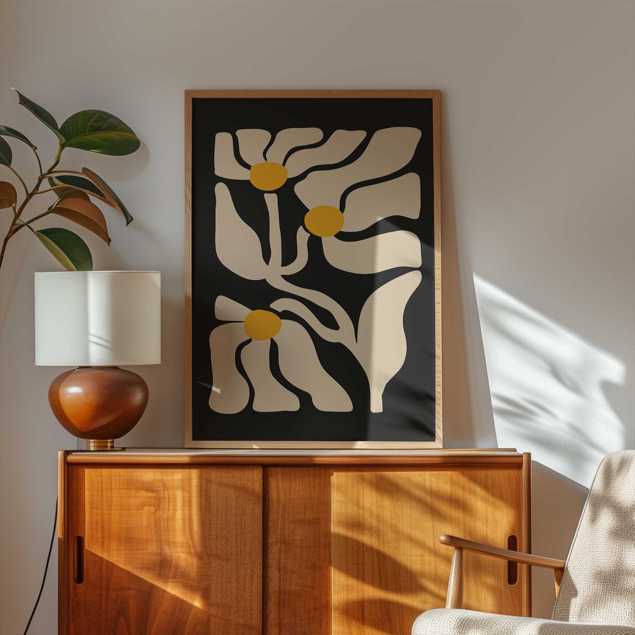 A playful retro print of three daisies with flowing lines and sunny yellow centers.