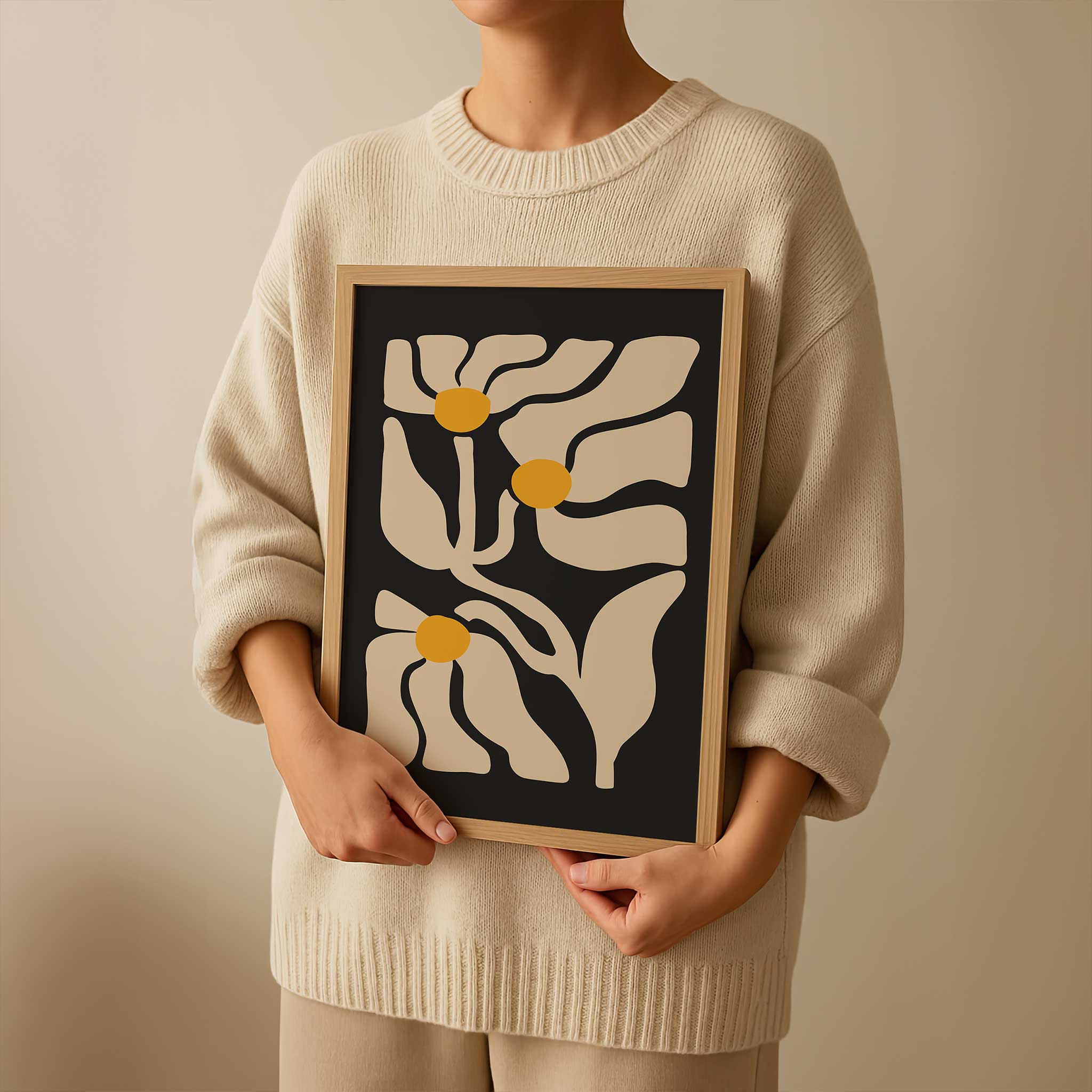 A playful retro print of three daisies with flowing lines and sunny yellow centers.