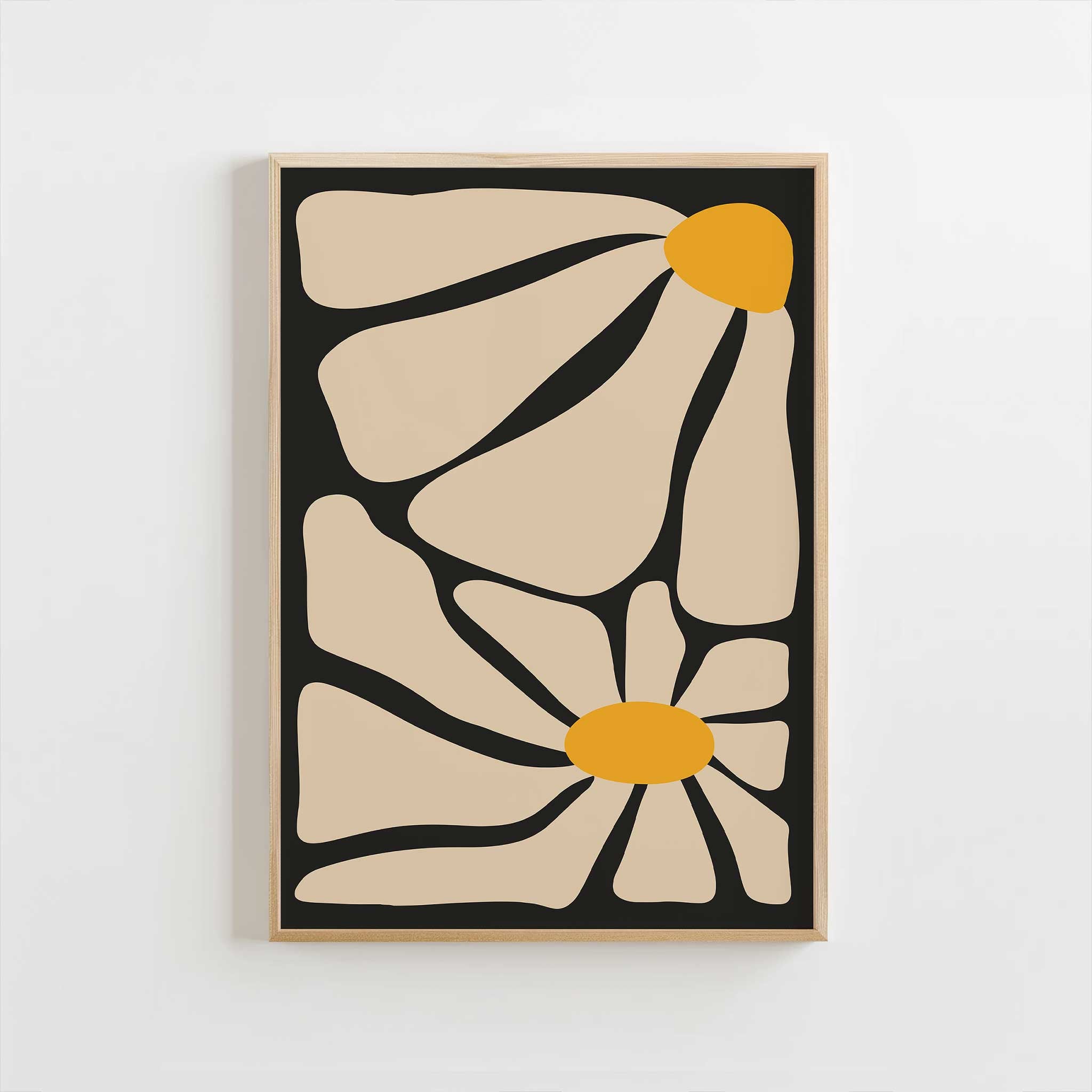 A minimal yet energetic abstract print of a daisy with bold petals and a warm center.