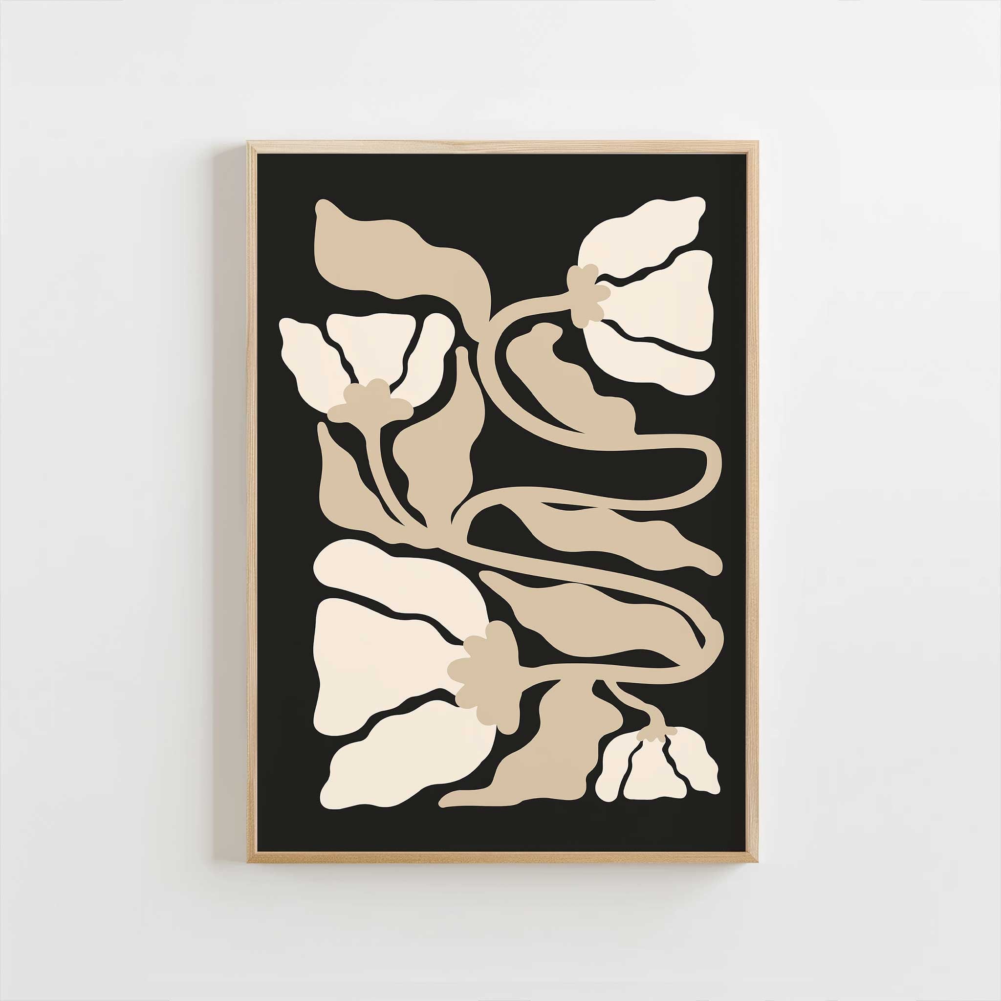 Elegant minimalist line art of botanical leaves and stems in soft, neutral tones with flowing curves.