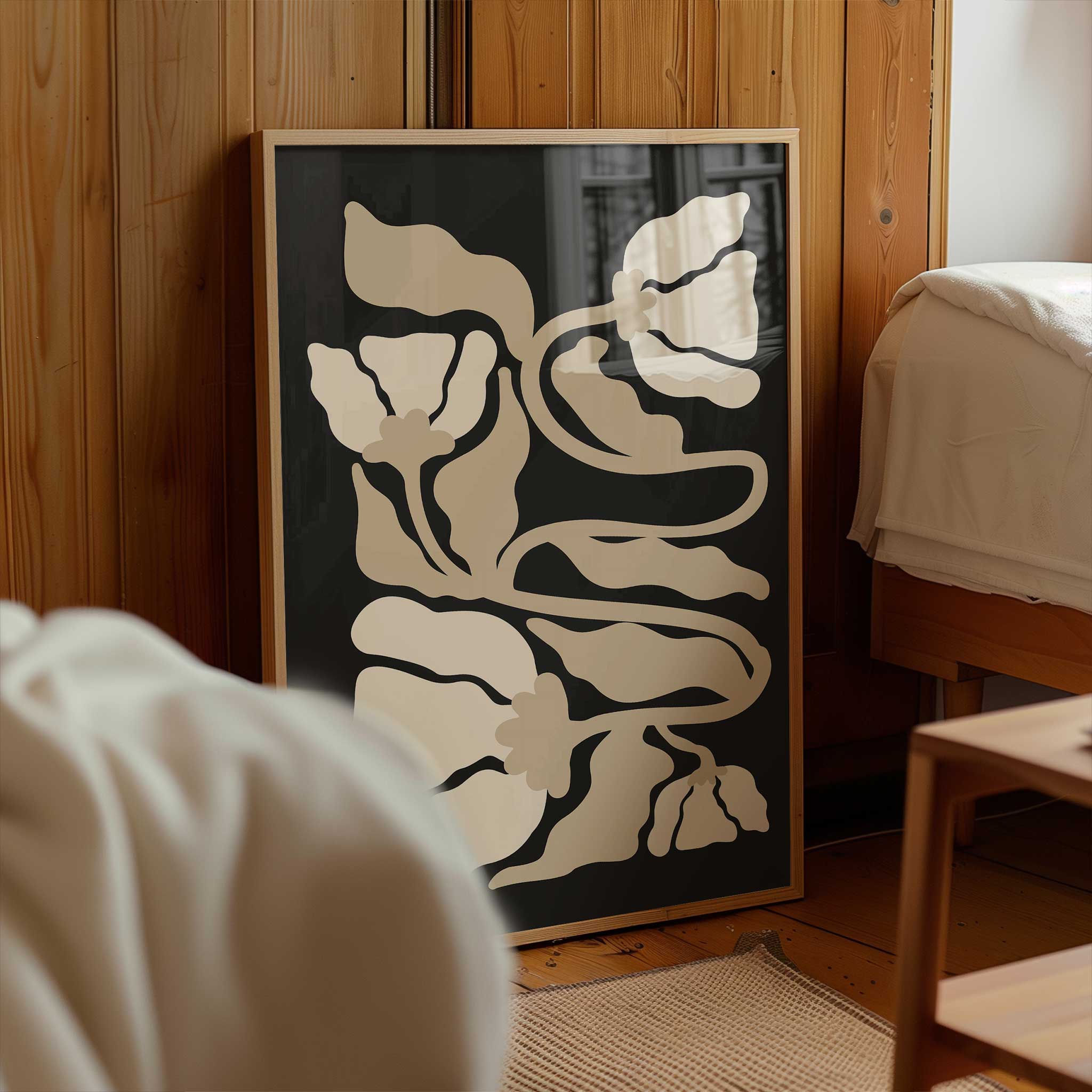 Elegant minimalist line art of botanical leaves and stems in soft, neutral tones with flowing curves.