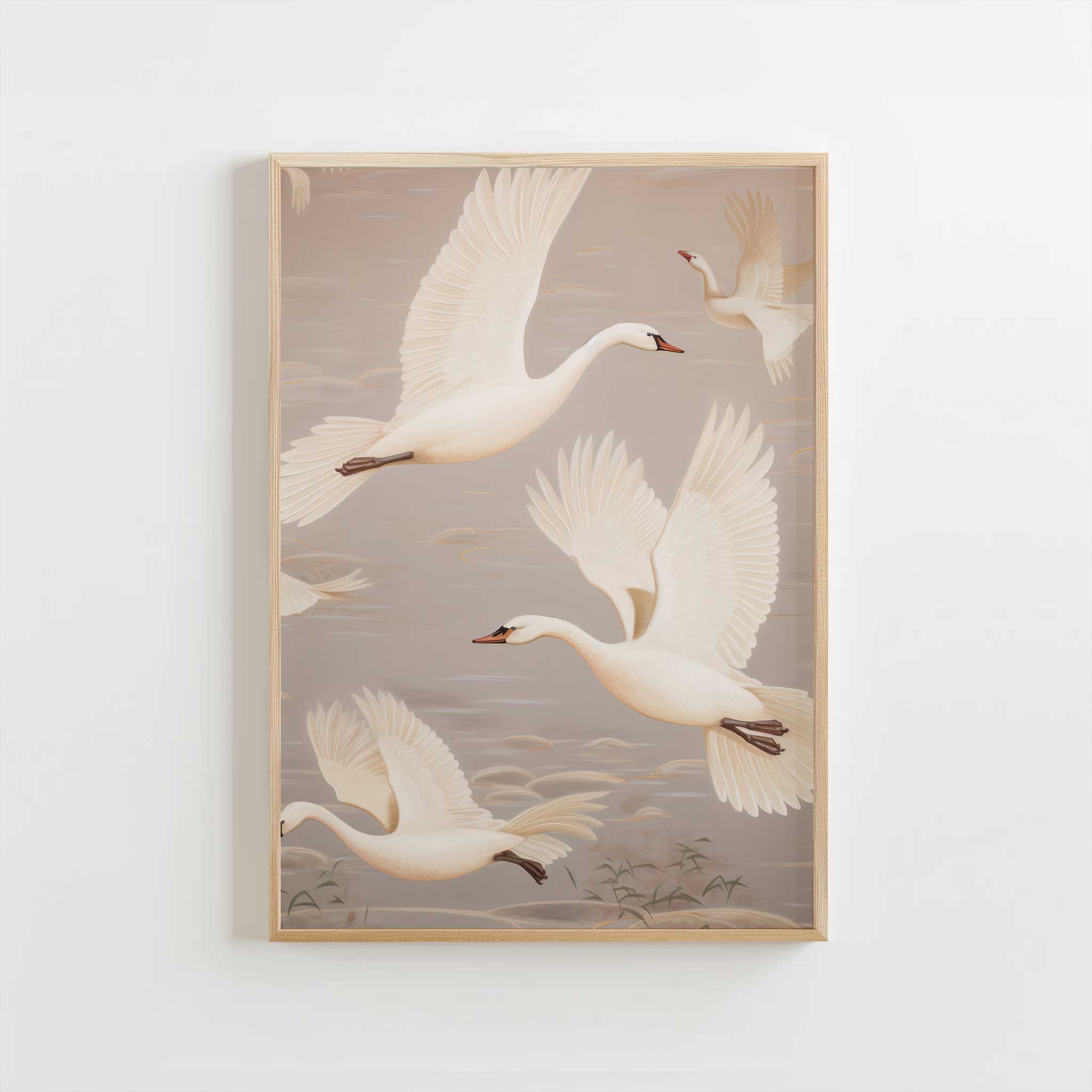 Elegant flying swans illustration, serene canvas wall art aesthetic print for minimalist decor, titled 'Flying Swans'