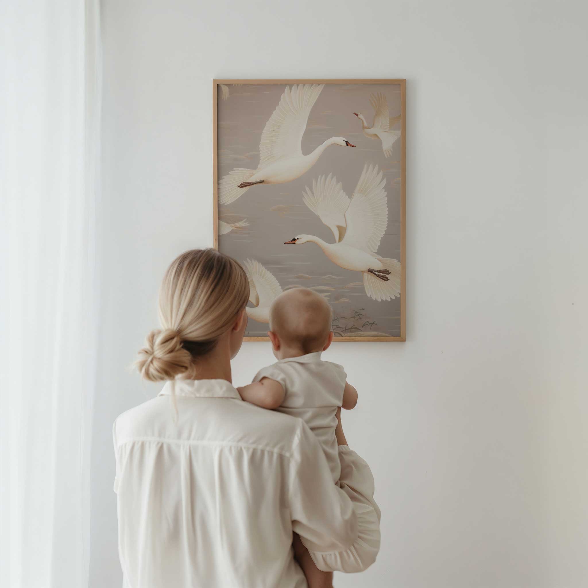 Elegant flying swans illustration, serene canvas wall art aesthetic print for minimalist decor, titled 'Flying Swans'