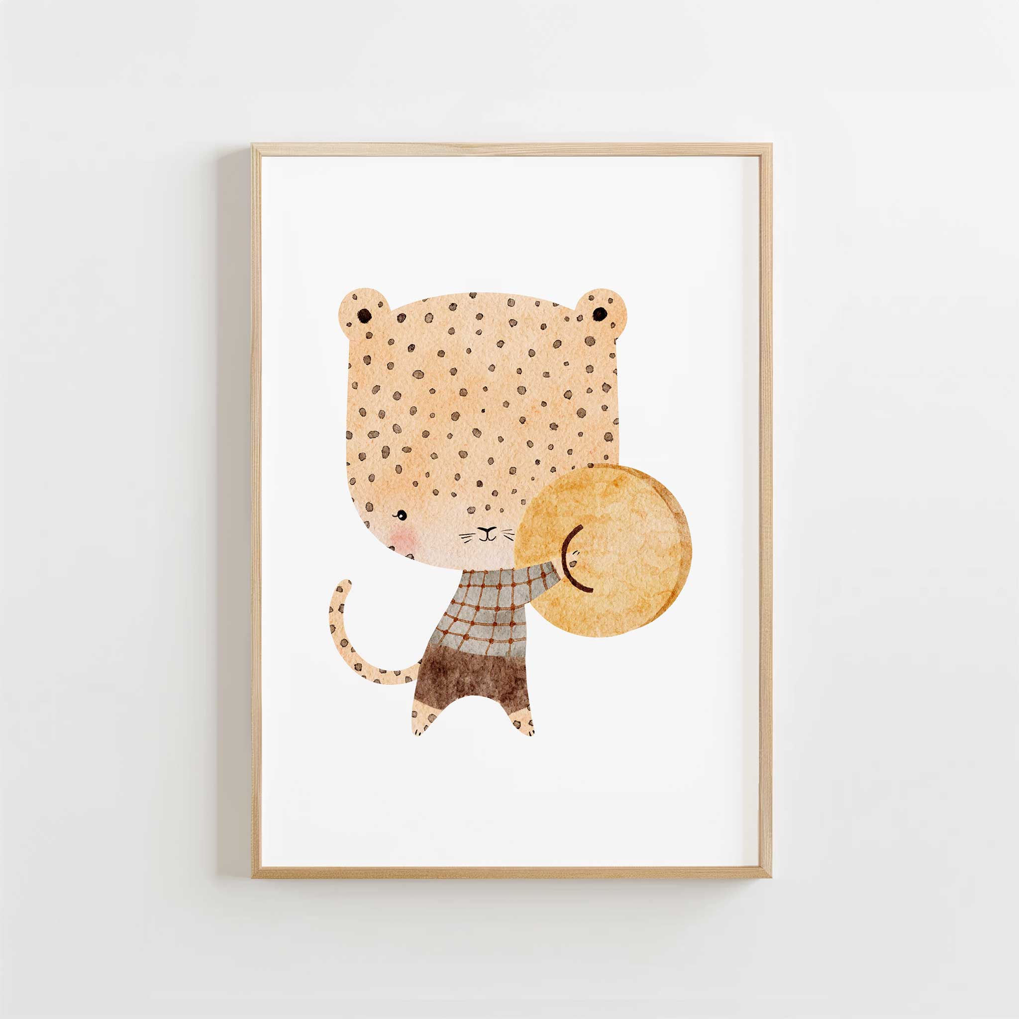 Vibrant 'Cheerful Gepard' with drum, aesthetic wall art ideal for kids' rooms or living room, titled 'Cheerful Gepard'