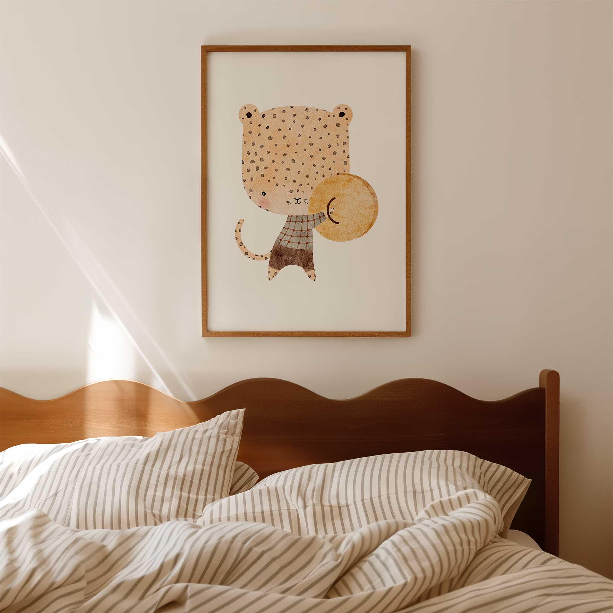 Vibrant 'Cheerful Gepard' with drum, aesthetic wall art ideal for kids' rooms or living room, titled 'Cheerful Gepard'