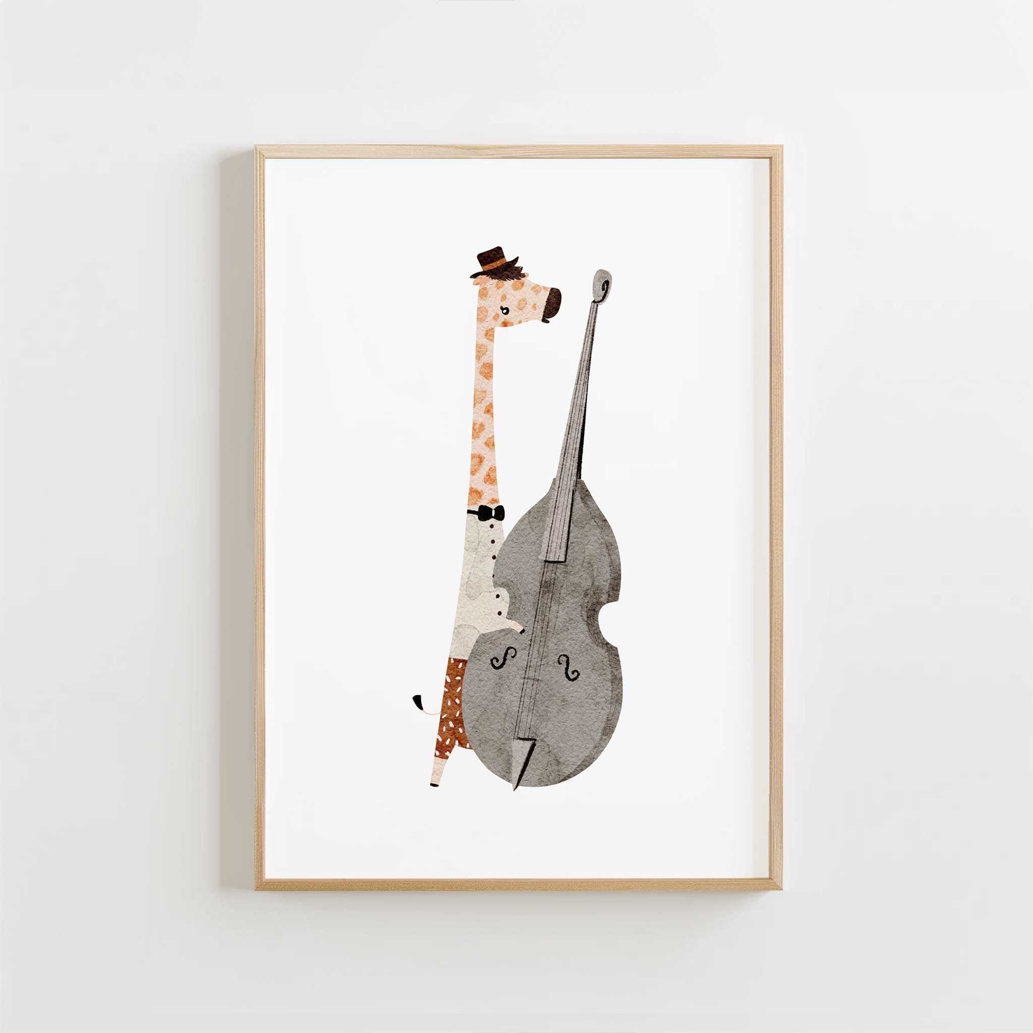 Charming 'Jazz Giraffe' musician, minimalist print with an aesthetic style for modern kids' wall art, titled 'Jazz Giraffe'