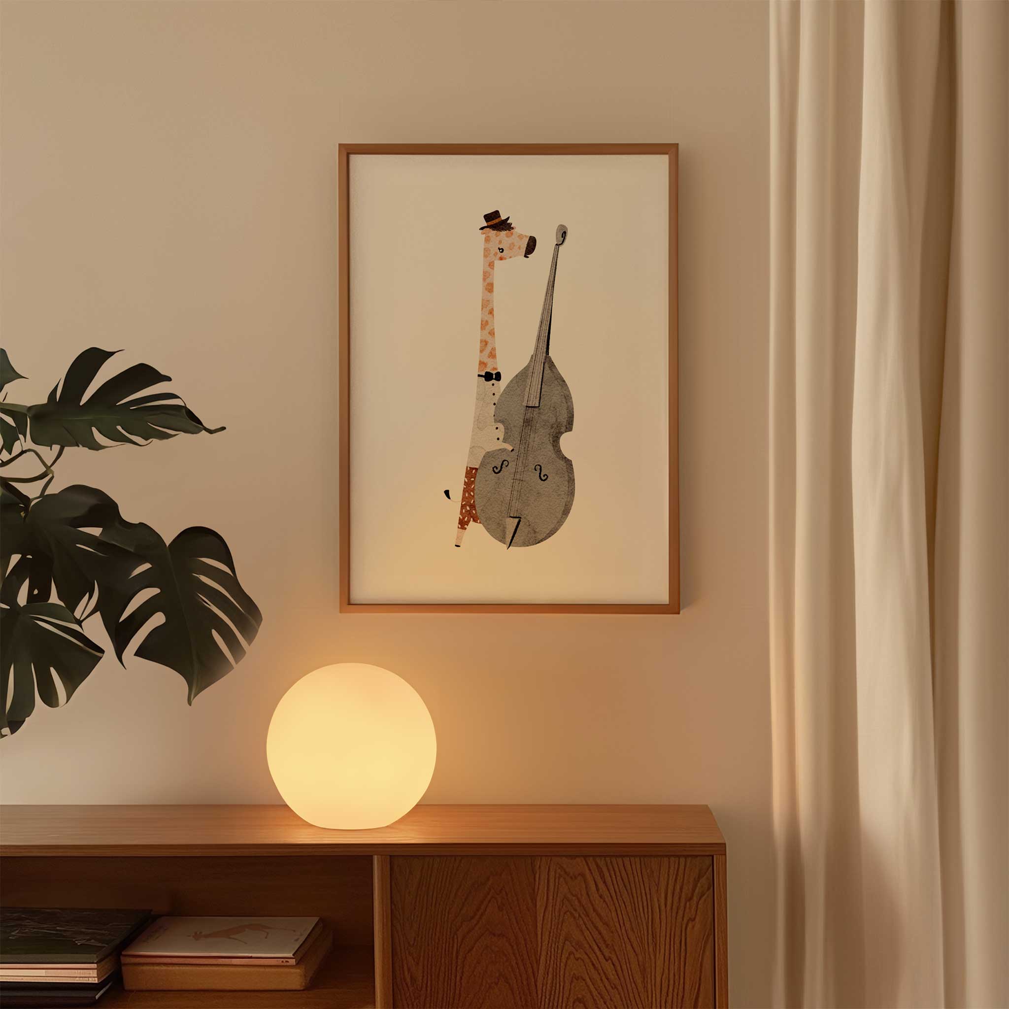 Charming 'Jazz Giraffe' musician, minimalist print with an aesthetic style for modern kids' wall art, titled 'Jazz Giraffe'