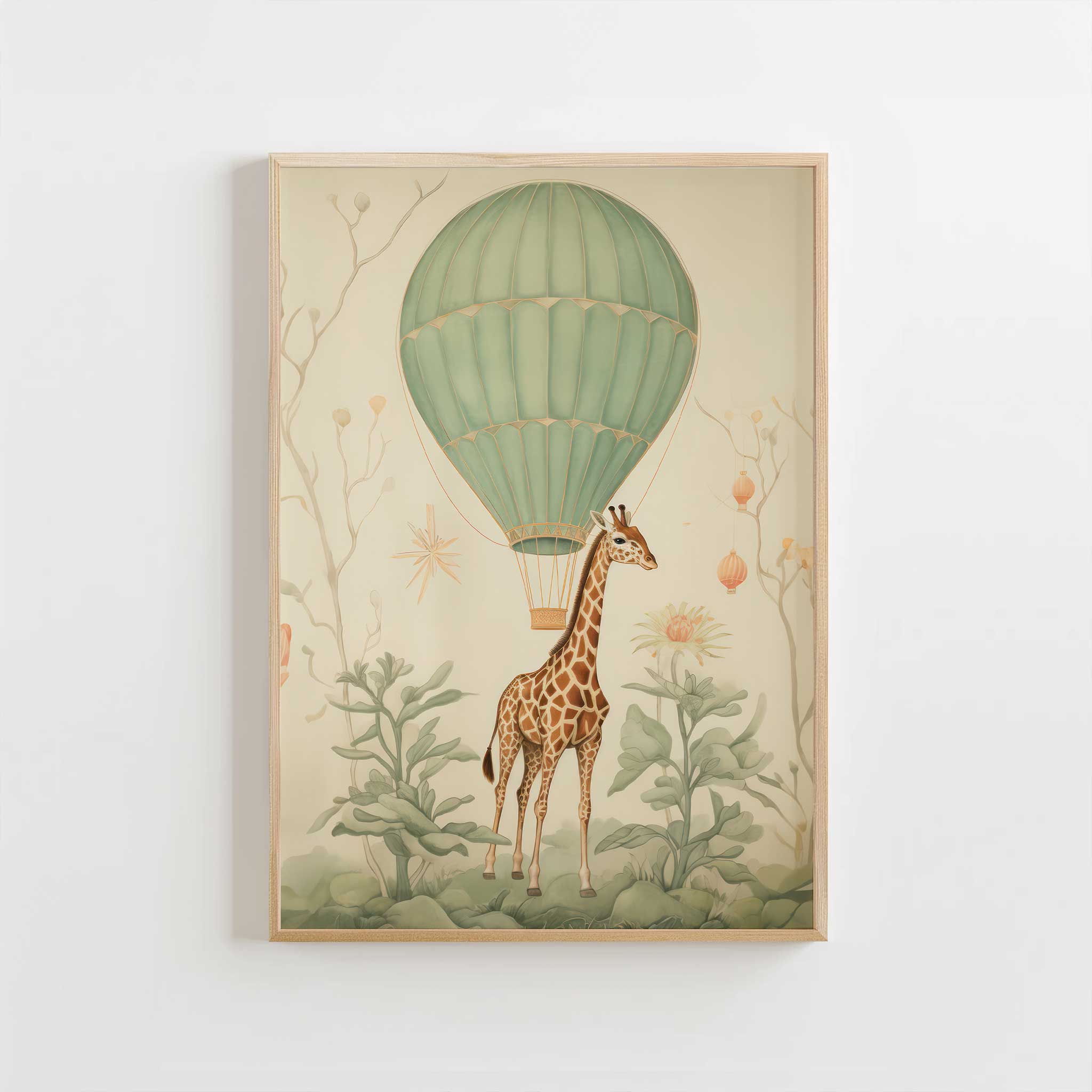 Whimsical giraffe & hot air balloon, modern wall decor print ready to hang for kids' aesthetic, titled 'Giraffe and Balloon'