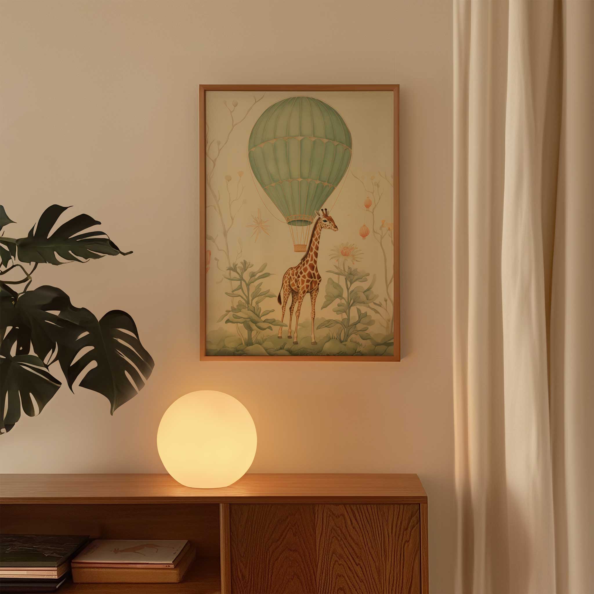 Whimsical giraffe & hot air balloon, modern wall decor print ready to hang for kids' aesthetic, titled 'Giraffe and Balloon'