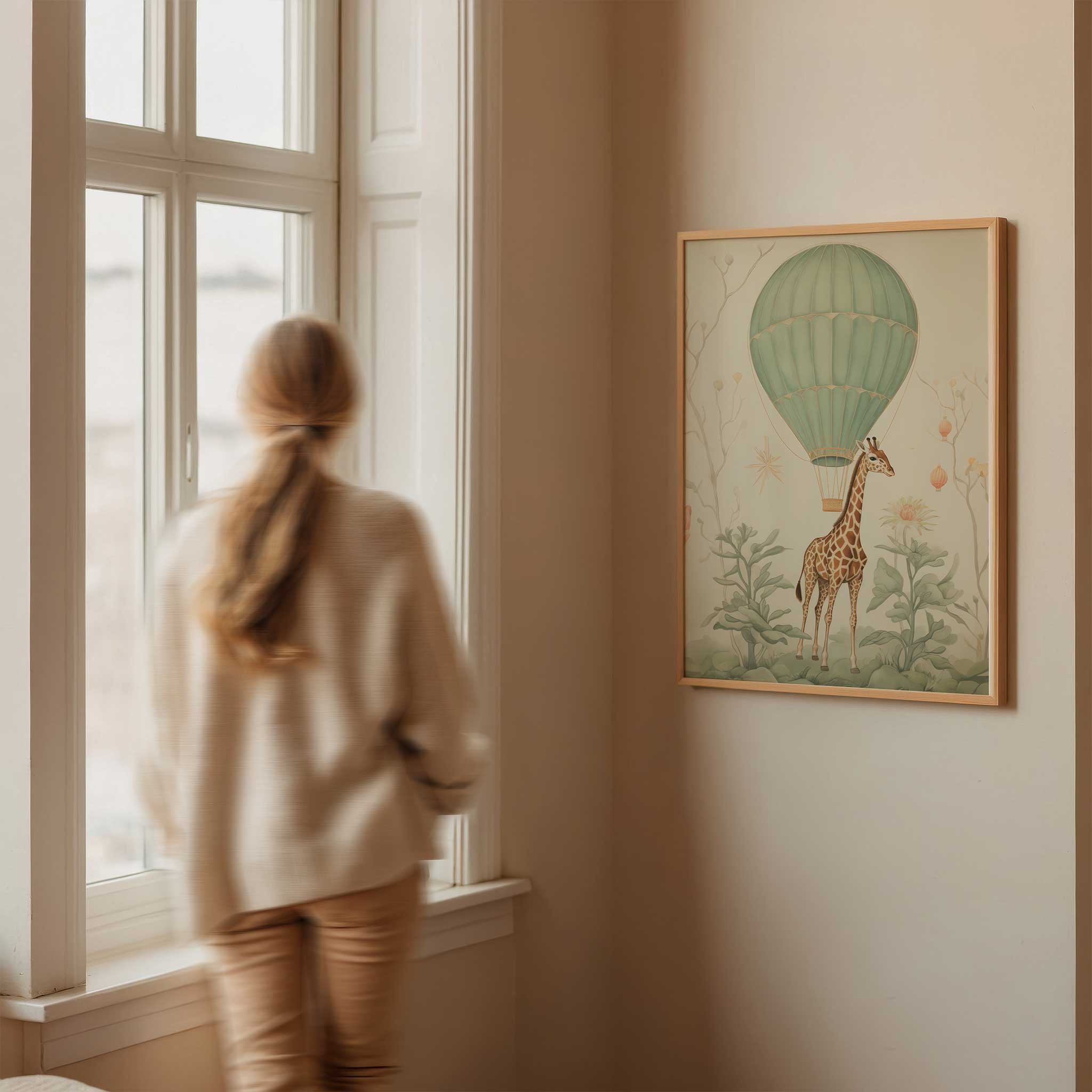 Whimsical giraffe & hot air balloon, modern wall decor print ready to hang for kids' aesthetic, titled 'Giraffe and Balloon'