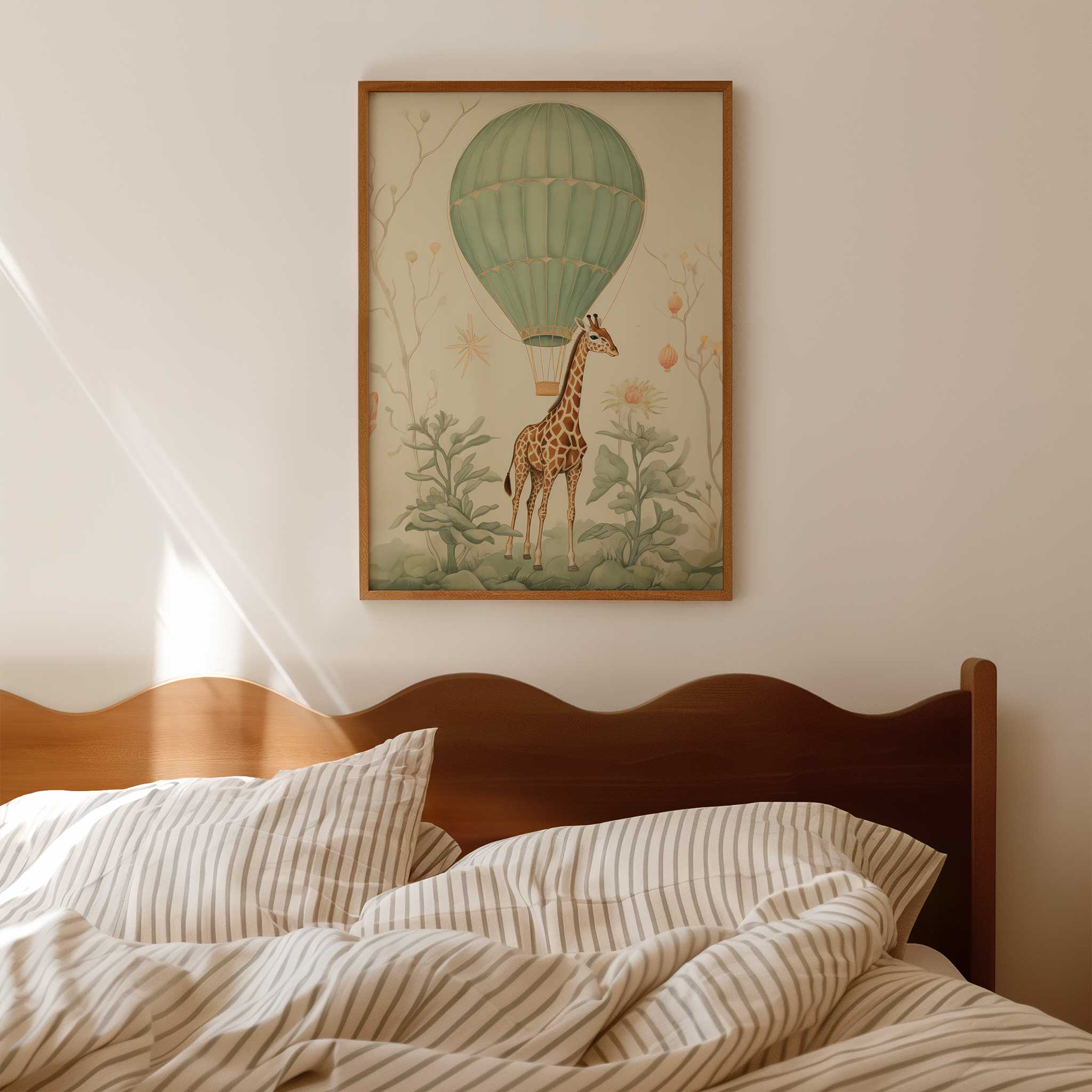 Whimsical giraffe & hot air balloon, modern wall decor print ready to hang for kids' aesthetic, titled 'Giraffe and Balloon'