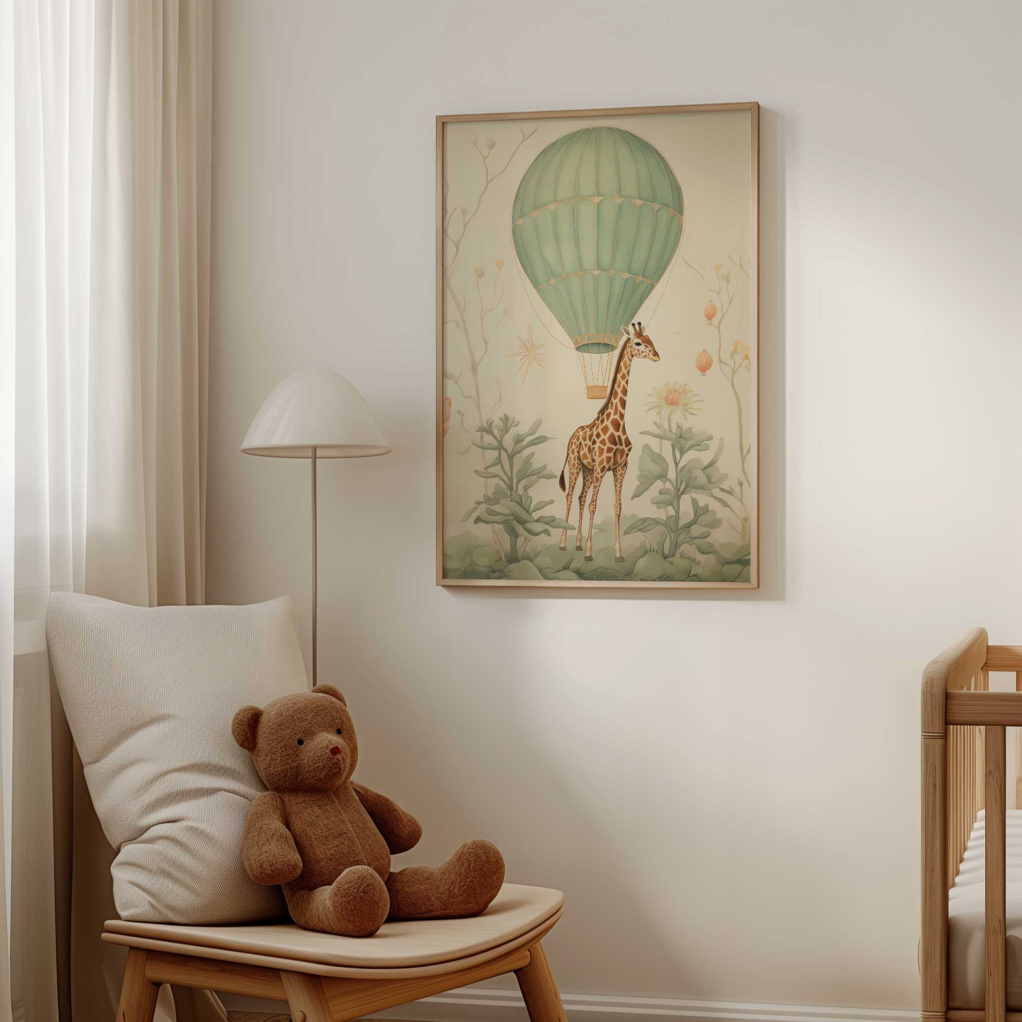 Whimsical giraffe & hot air balloon, modern wall decor print ready to hang for kids' aesthetic, titled 'Giraffe and Balloon'