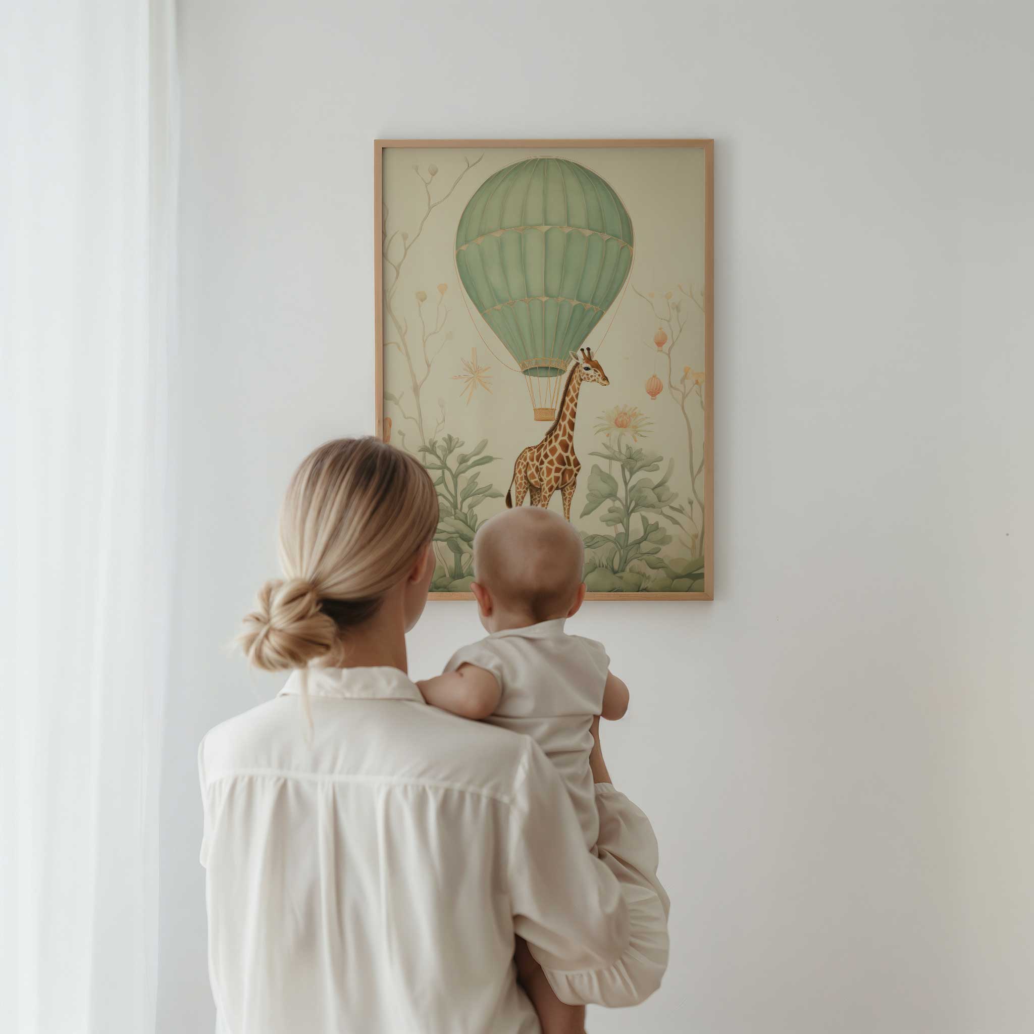 Whimsical giraffe & hot air balloon, modern wall decor print ready to hang for kids' aesthetic, titled 'Giraffe and Balloon'