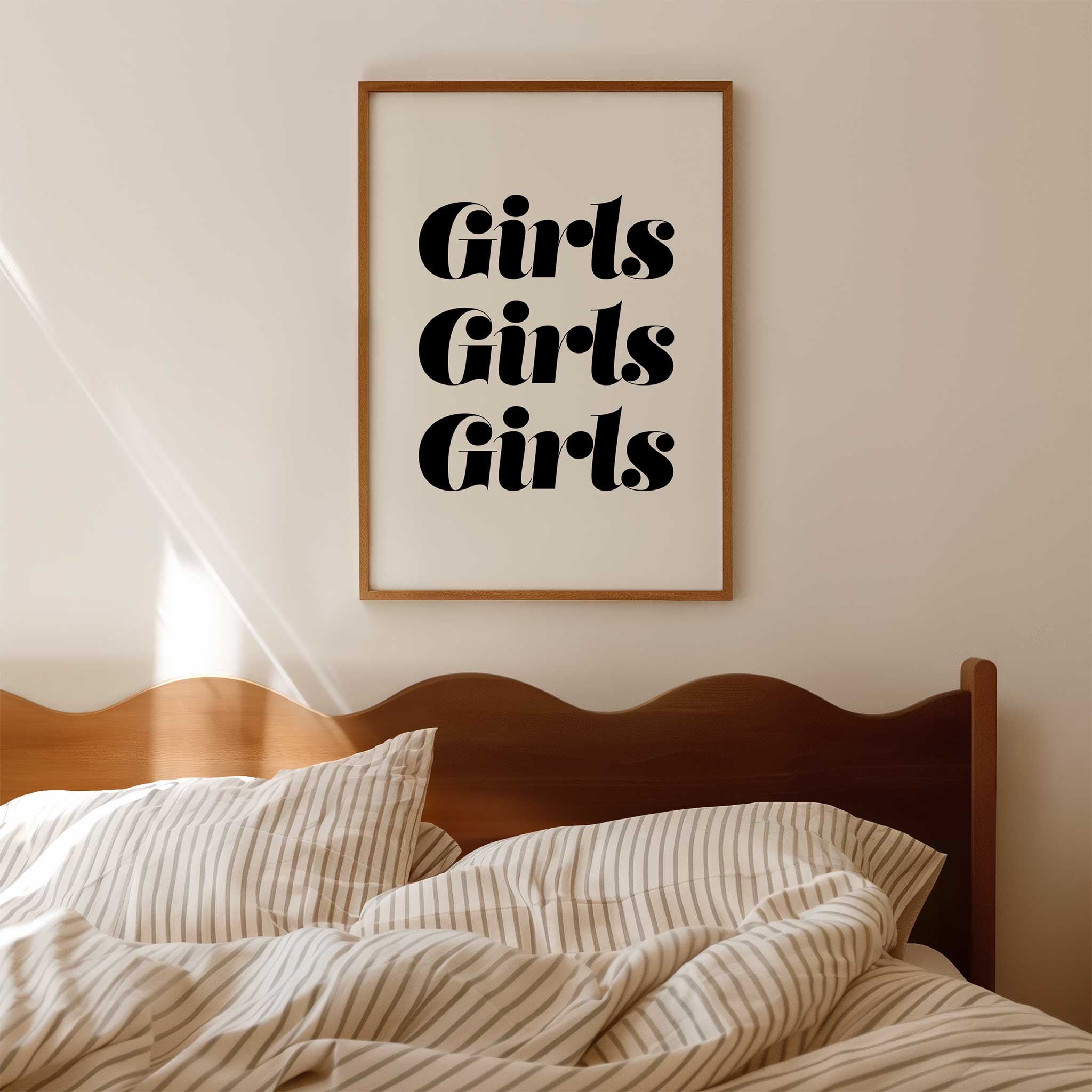 Girls Girls Girls' stylish typography, wall art for living room celebrating girlhood aesthetic, titled 'Girls Girls Girls'