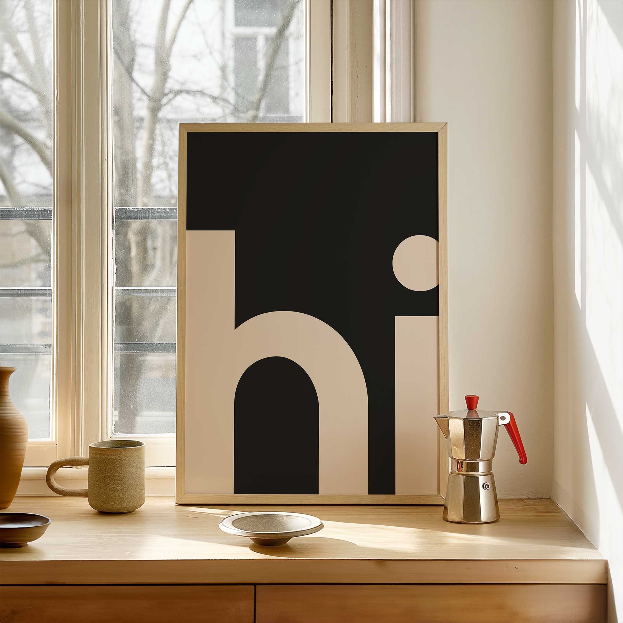 HI Poster - Black Background' friendly typography, aesthetic canvas print style for minimalist charm, titled 'HI Poster - Black Background'