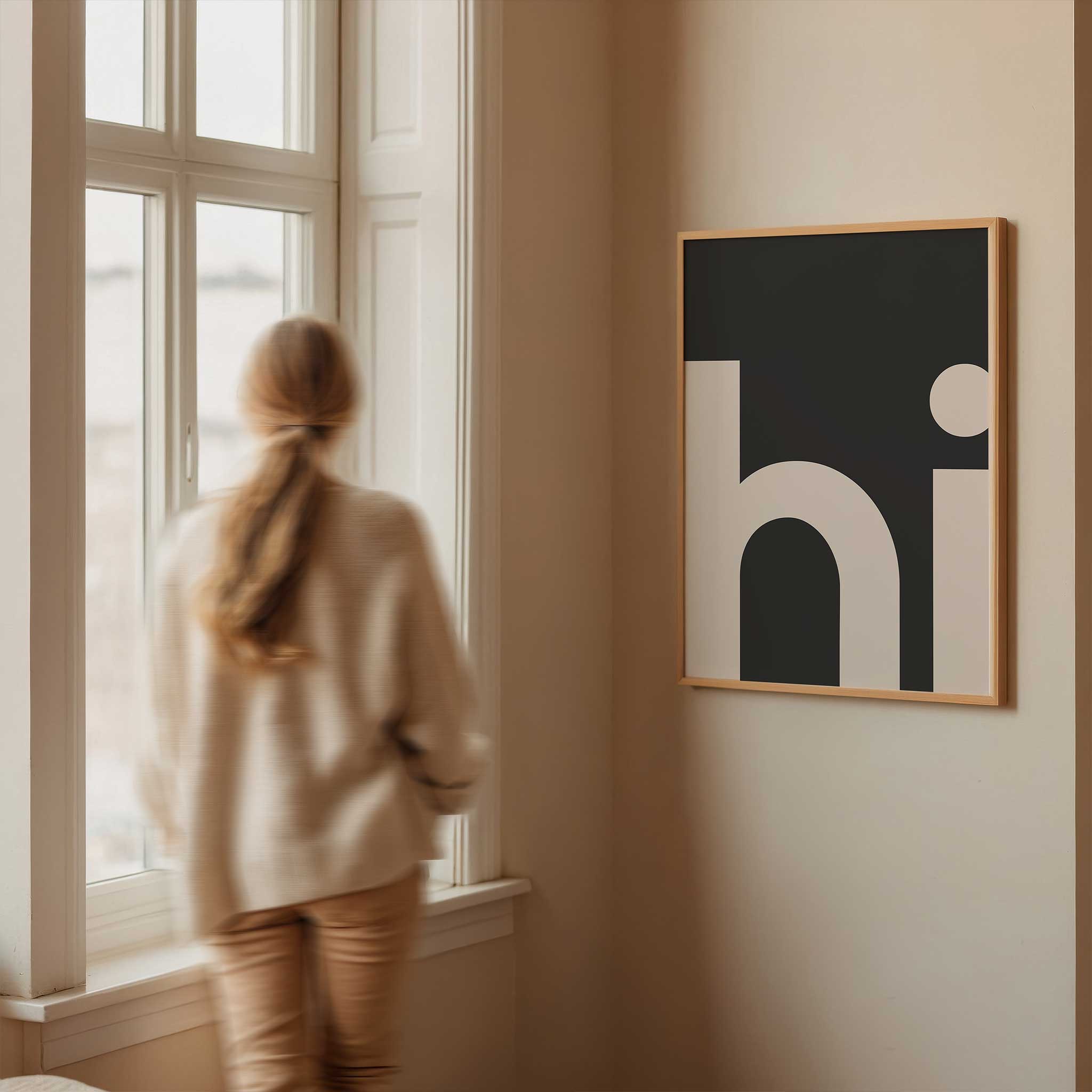 HI Poster - Black Background' friendly typography, aesthetic canvas print style for minimalist charm, titled 'HI Poster - Black Background'