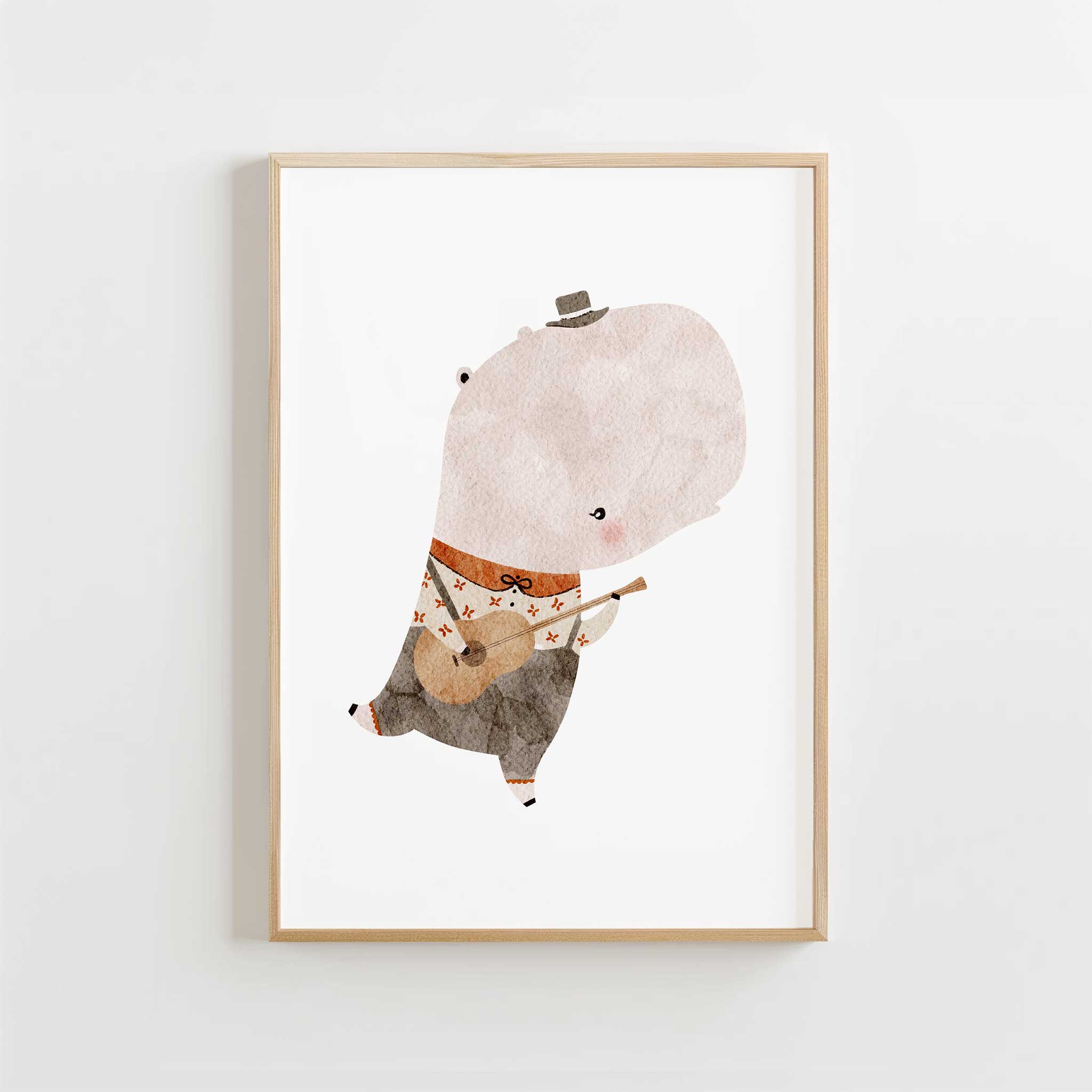 Joyful hippo musician with guitar, fun modern wall art print for a kids' room aesthetic, titled 'Hippo Musician'